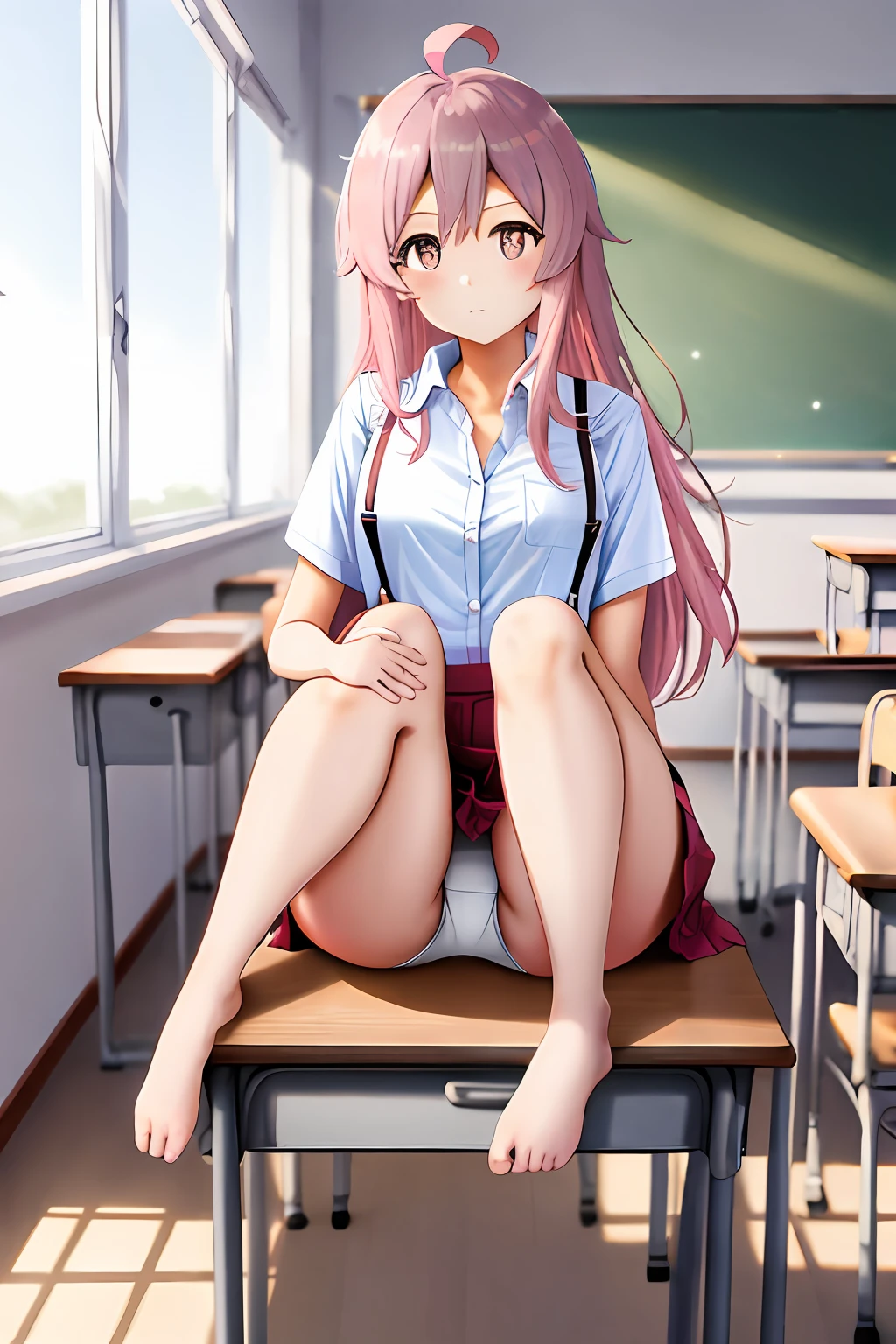 Pink suspenders, (legs apart, revealing white panties) (high-quality picture, refined masterpiece, 1.5) A student sister, delicate facial features 1.5, sitting proudly on the desk, the background is the classroom, wearing a pink school uniform, hair pink big waves, legs spread 1.2, plump chest 1.5, full body portrait