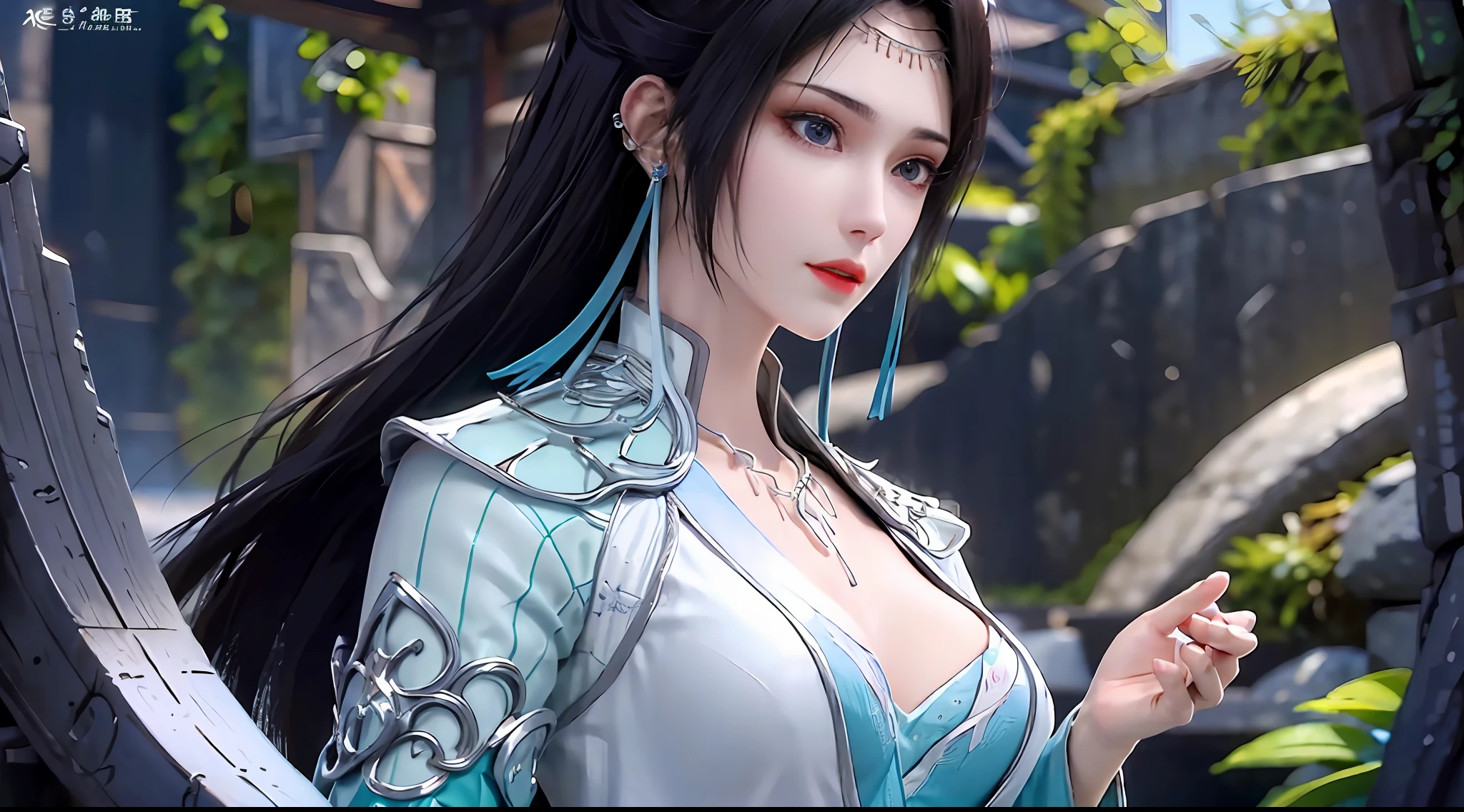 1 hot sexy beautiful girl in hanfu blue silk blouse, blue silk top with white pattern, white lace trim, long purple black ponytail, blue aura on the girl's back, hair jewelry, ear jewelry, necklace and necklace, big blue eyes meticulously made up, thin eyebrows, extremely detailed and sharp eye makeup, high nose, pretty red lips, no smile, pursed lips, rosy cheeks, enlarged breasts, large breasts, well-proportioned breasts, slim waist, blue mesh socks, wide sleeves, Chinese hanfu style, fantasy art motifs, vivid and realistic colors, RAW photo, realistic photo, ultra high quality 8k surreal photo, (great lighting effect: 1.8), 10x pixels, magic effect (background): 1.8), super detailed eyes, half girl upper body, girl portrait, girl alone, hanfu historical background,