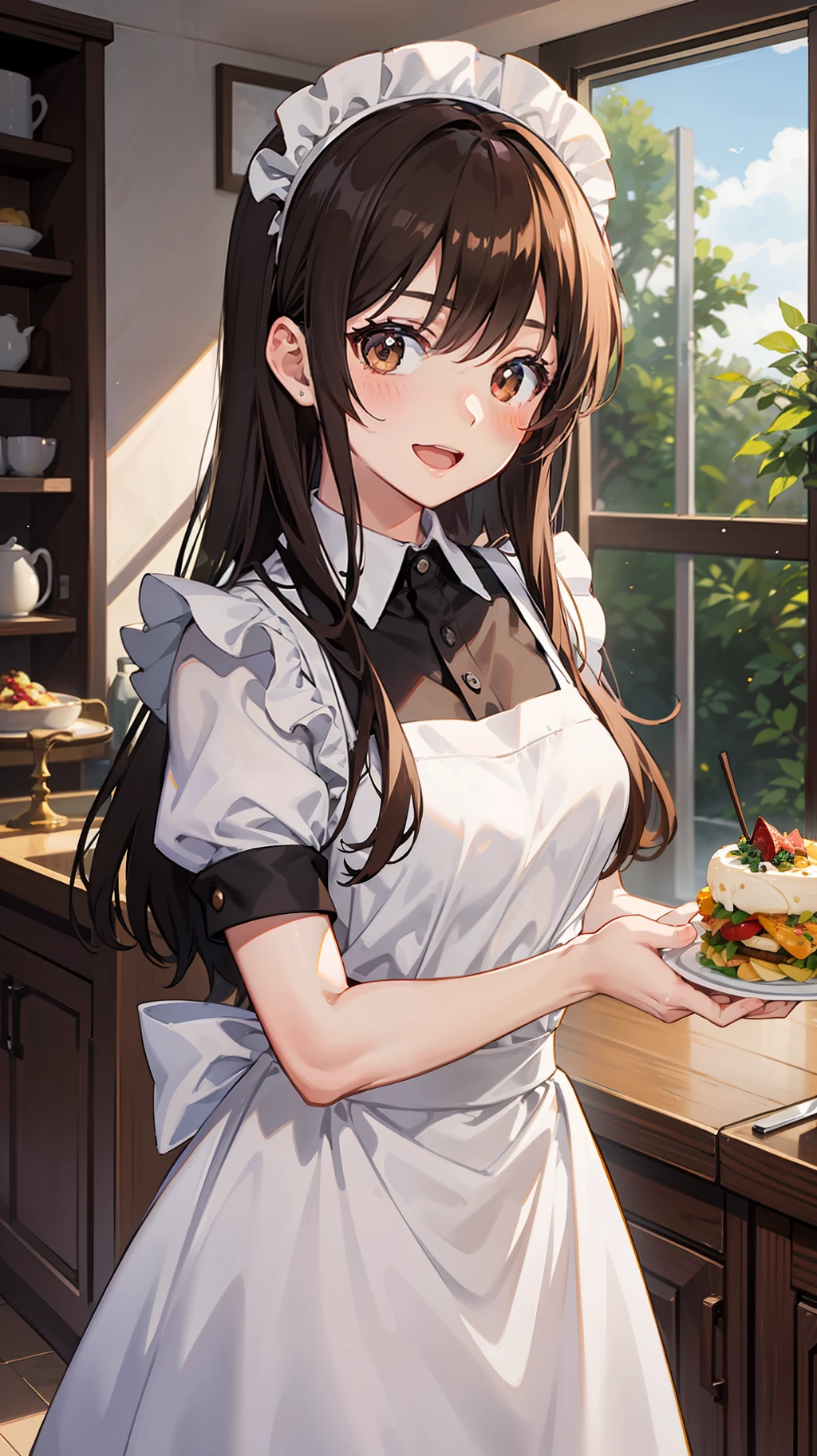 an anime image of a female with standing next to a table with food on it, multiple girls, long hair, apron, smile, blush, solo focus, white apron, Brown eyes, looking at viewer, maid, indoors, open mouth, short sleeves, maid headdress, beautiful girl, brown hair, enmaided,