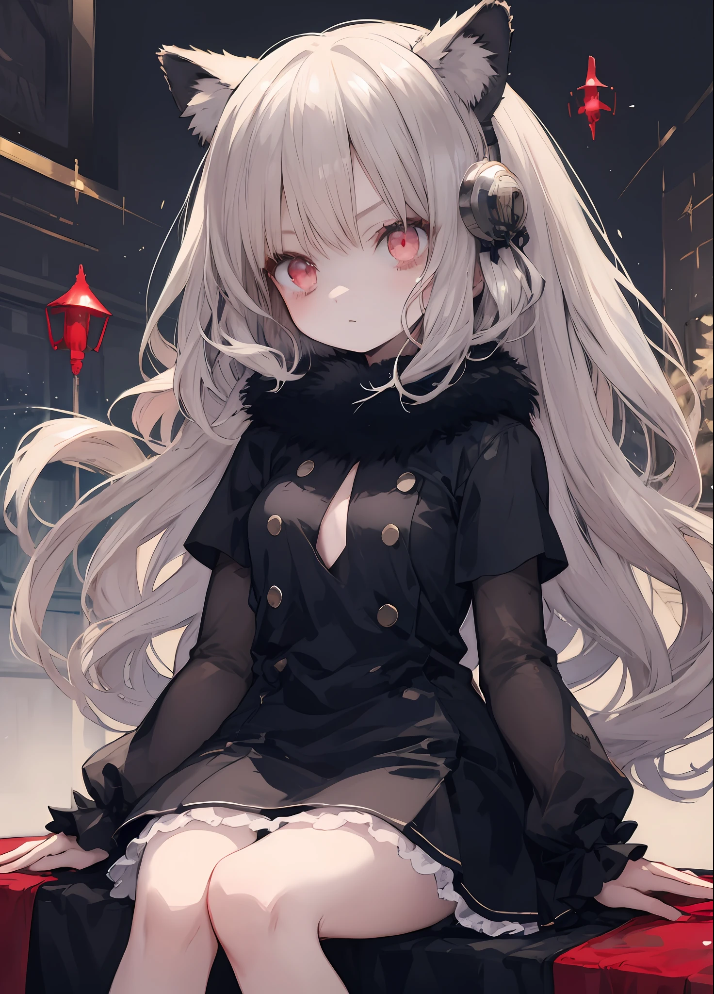 1girll, 独奏, Red eyes,White-haired god,long whitr hair,head gear,Best shadow, shallowdepthoffield, stunningly beautiful girl, Petite, Delicate, beautiful attractive face, Masterpiece, Best quality,Sprinkle artistic loli
