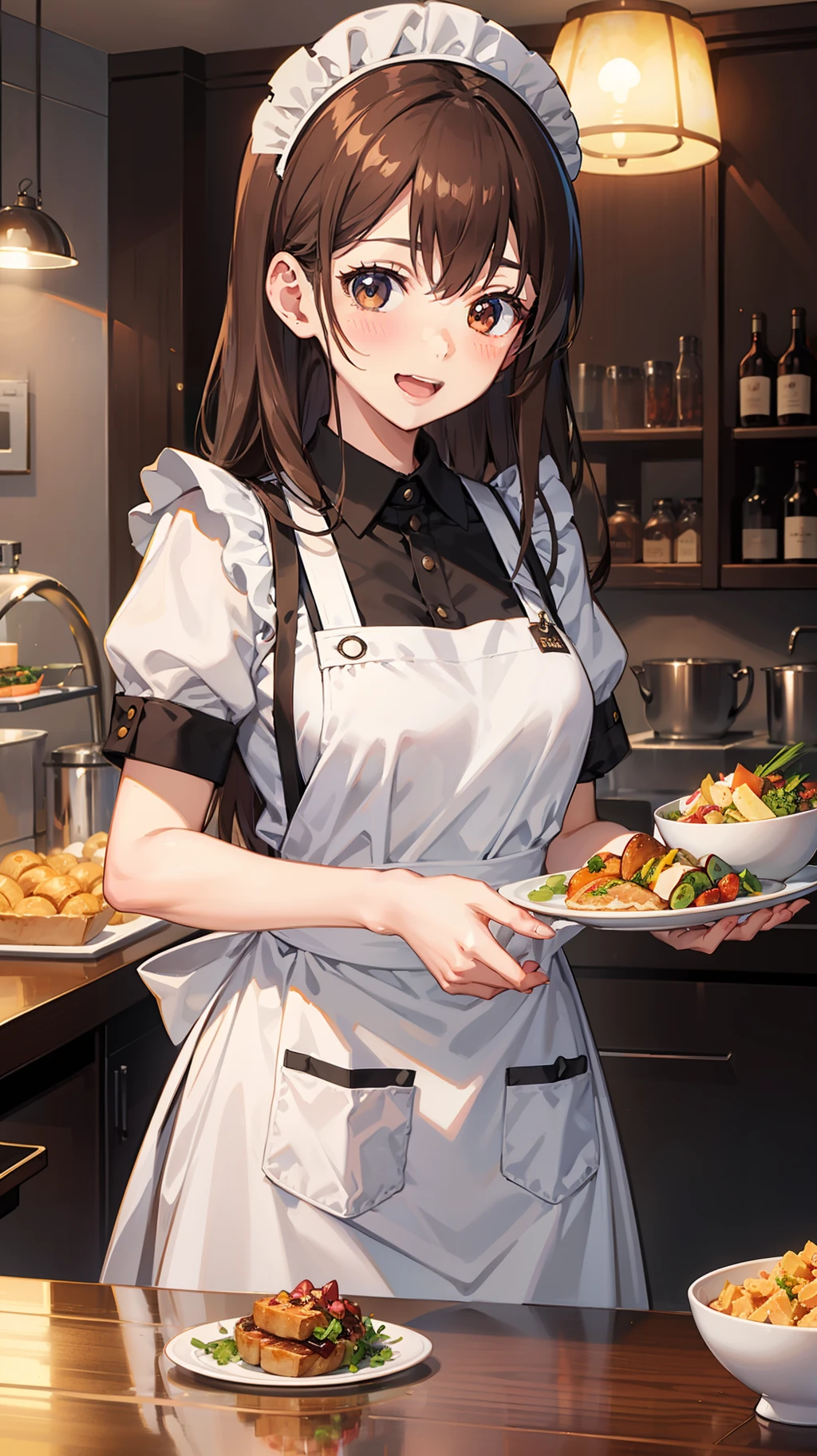 an anime image of a female with standing next to a table with food on it, multiple girls, long hair, apron, smile, blush, solo focus, white apron, Brown eyes, looking at viewer, maid, indoors, open mouth, short sleeves, maid headdress, beautiful girl, brown hair, enmaided,