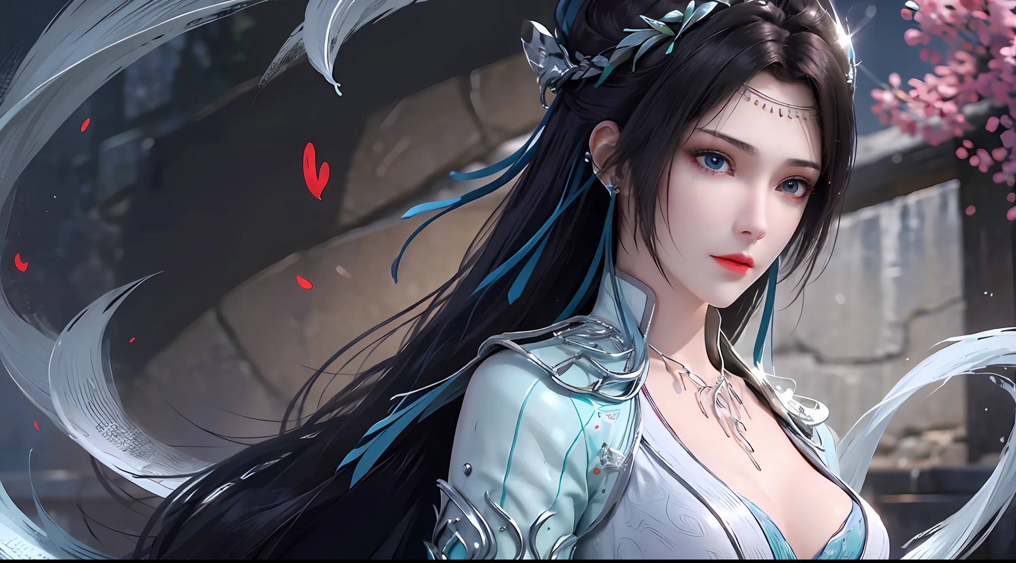 1 hot sexy beautiful girl in hanfu blue silk blouse, blue silk top with white pattern, white lace trim, long purple black ponytail, blue aura on the girl's back, hair jewelry, ear jewelry, necklace and necklace, big blue eyes meticulously made up, thin eyebrows, extremely detailed and sharp eye makeup, high nose, pretty red lips, no smile, pursed lips, rosy cheeks, enlarged breasts, large breasts, well-proportioned breasts, slim waist, blue mesh socks, wide sleeves, Chinese hanfu style, fantasy art motifs, vivid and realistic colors, RAW photo, realistic photo, ultra high quality 8k surreal photo, (great lighting effect: 1.8), 10x pixels, magic effect (background): 1.8), super detailed eyes, half girl upper body, girl portrait, girl alone, hanfu historical background,