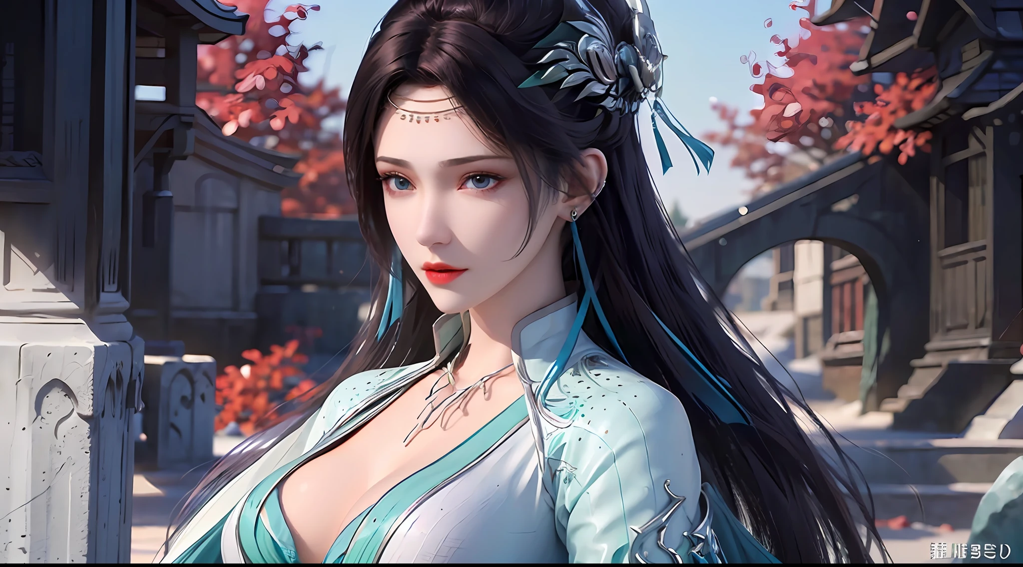 1 hot y beautiful girl in hanfu blue silk blouse, blue silk top with white pattern, white lace trim, long purple black ponytail, blue aura on the girl's back, hair jewelry, ear jewelry, necklace and necklace, big blue eyes meticulously made up, thin eyebrows, extremely detailed and sharp eye makeup, high nose, pretty red lips, no smile, pursed lips, rosy cheeks, enlarged brearge breasts, wportioned breasts, slim waie mesh socks, wide sleeves, Chinese hanfu style, fantasy art motifs, vivid and realistic colors, RAW photo, realistic photo, ultra high quality 8k surreal photo, (great lighting effect: 1.8), 10x pixels, magic effect (background): 1.8), super detailed eyes, half girl upper body, girl portrait, girl alone, hanfu historical background,
