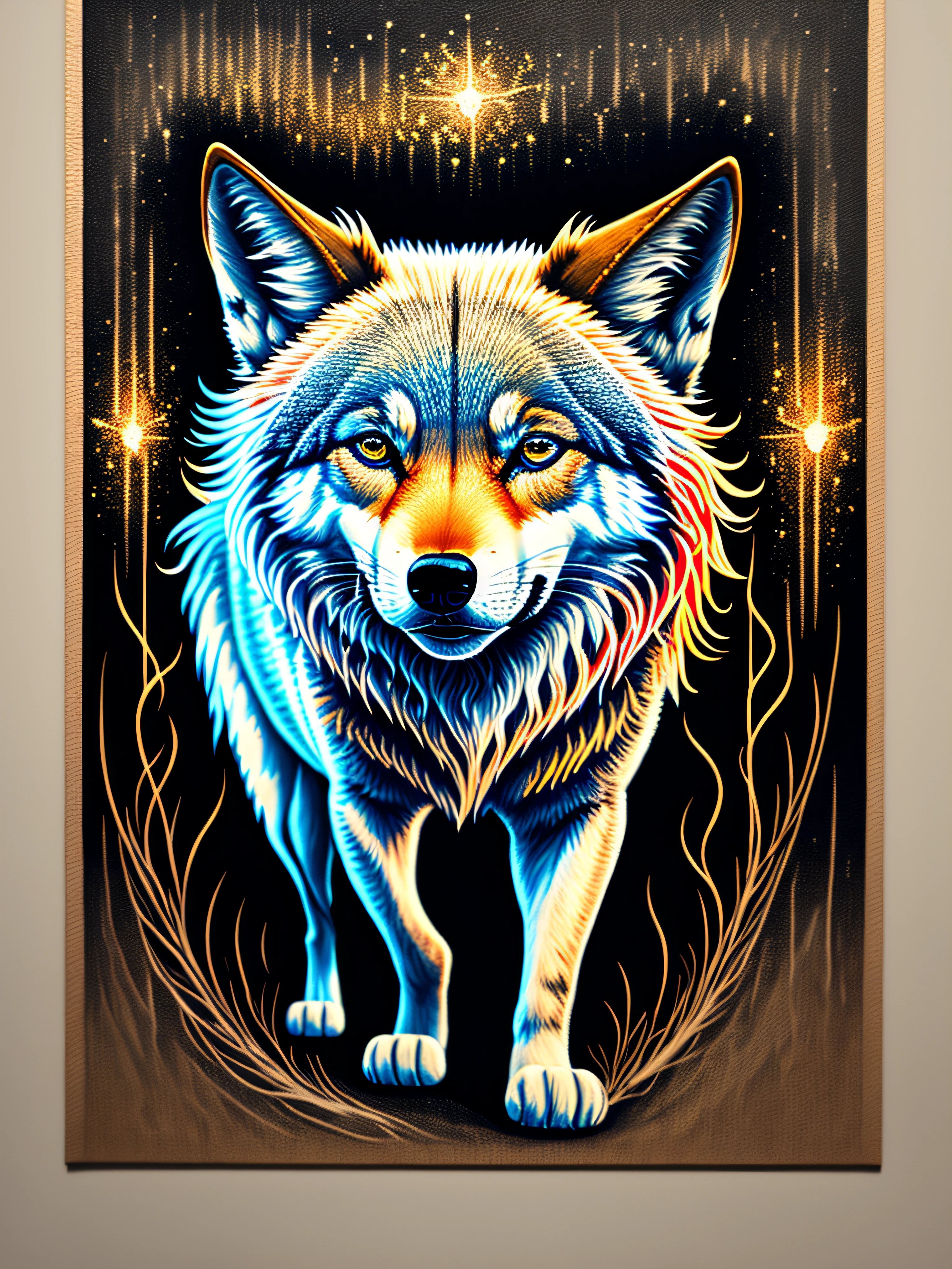 A painting of a colorful wolf on a black background,, breathtaking rendering, dans une connexion rayonnante, inspired by Kinuko Y. Craft,, Magical elements, Kitten icon, wow, est magnifique, lancer un sort multicolore, flash lumineux, flash