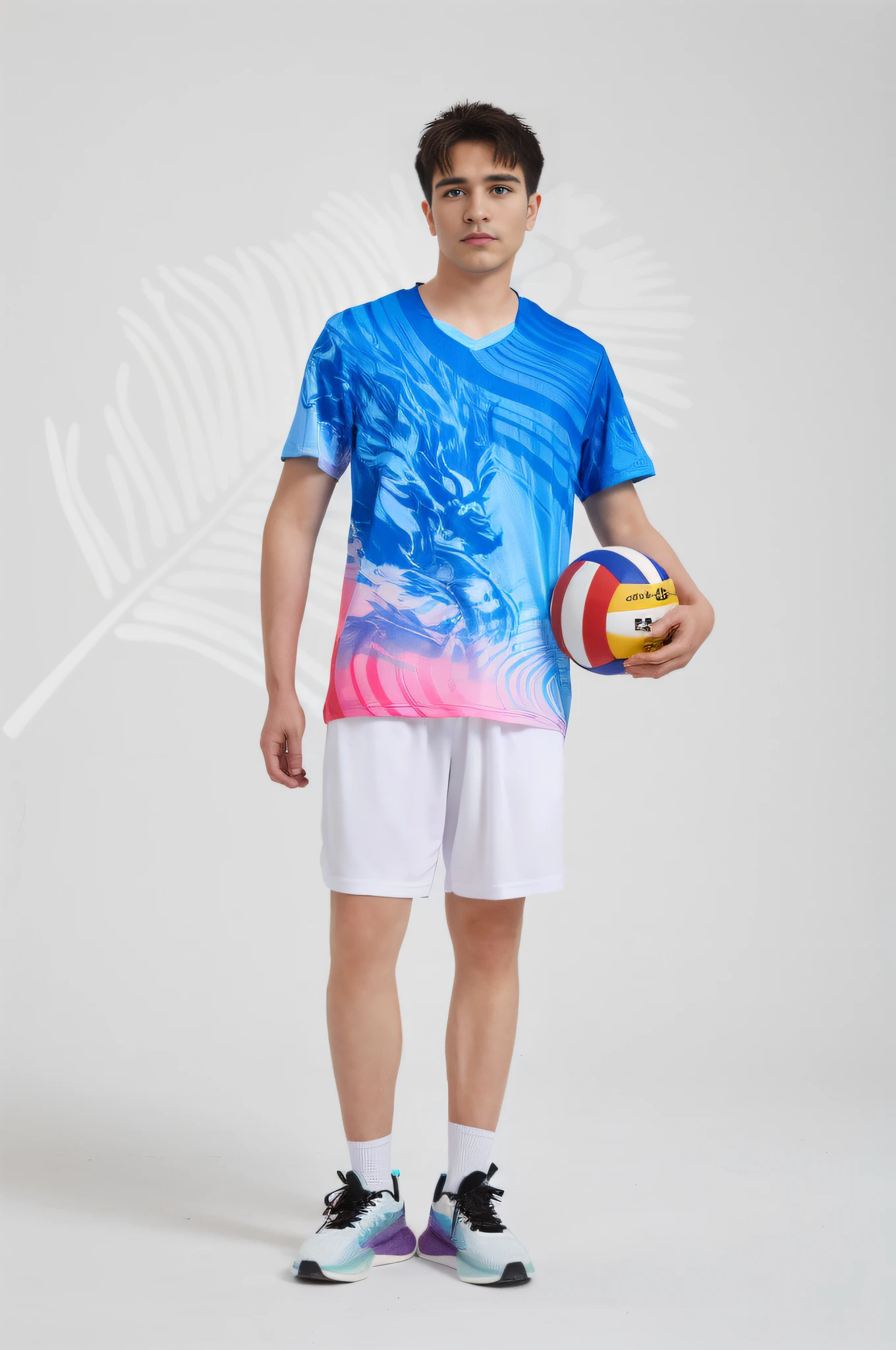 Alafed man holding volleyball in blue shirt, wearing a volleyball jersey, tennis wear, inspired by Park Hua, wearing basketball jersey, young man with short, sport outfit, Volleyball, jinyiwei, new design, sport outfit, full subject shown in photo, nanquan, Summer, inspired by Wen Zhengming, in shorts and t-shirt