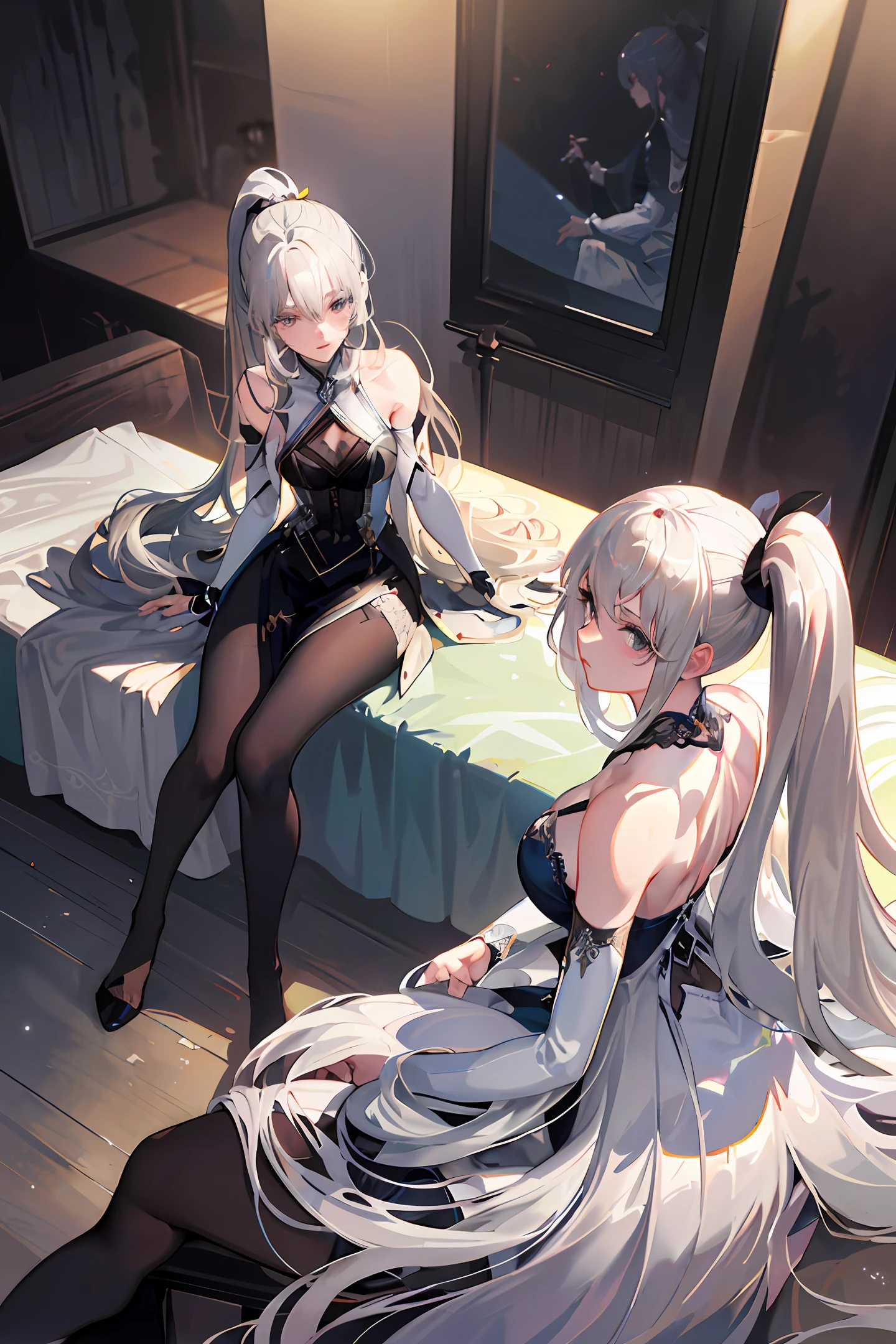 (A high resolution), (Absurd), (Best quality), (High quality), (Masterpiece), Black ribbon, Hair above one eye, (Big), White thighs, 8K Watching Viewer, High quality, Movie lighting, Beautiful fingers, Well-Formed Fingers, High detail, Sony FE GM, Cute, Big, White skin, Light hair, Clear white skin, Shining eyes, Anime style, lines of movement, sparkle eyes, Super big, ripping, Taut Breasts, gigantic cleavage breasts, Shiny hair,  white brims, long coat of black color, Ruined city, Condescending, scar on the cheek