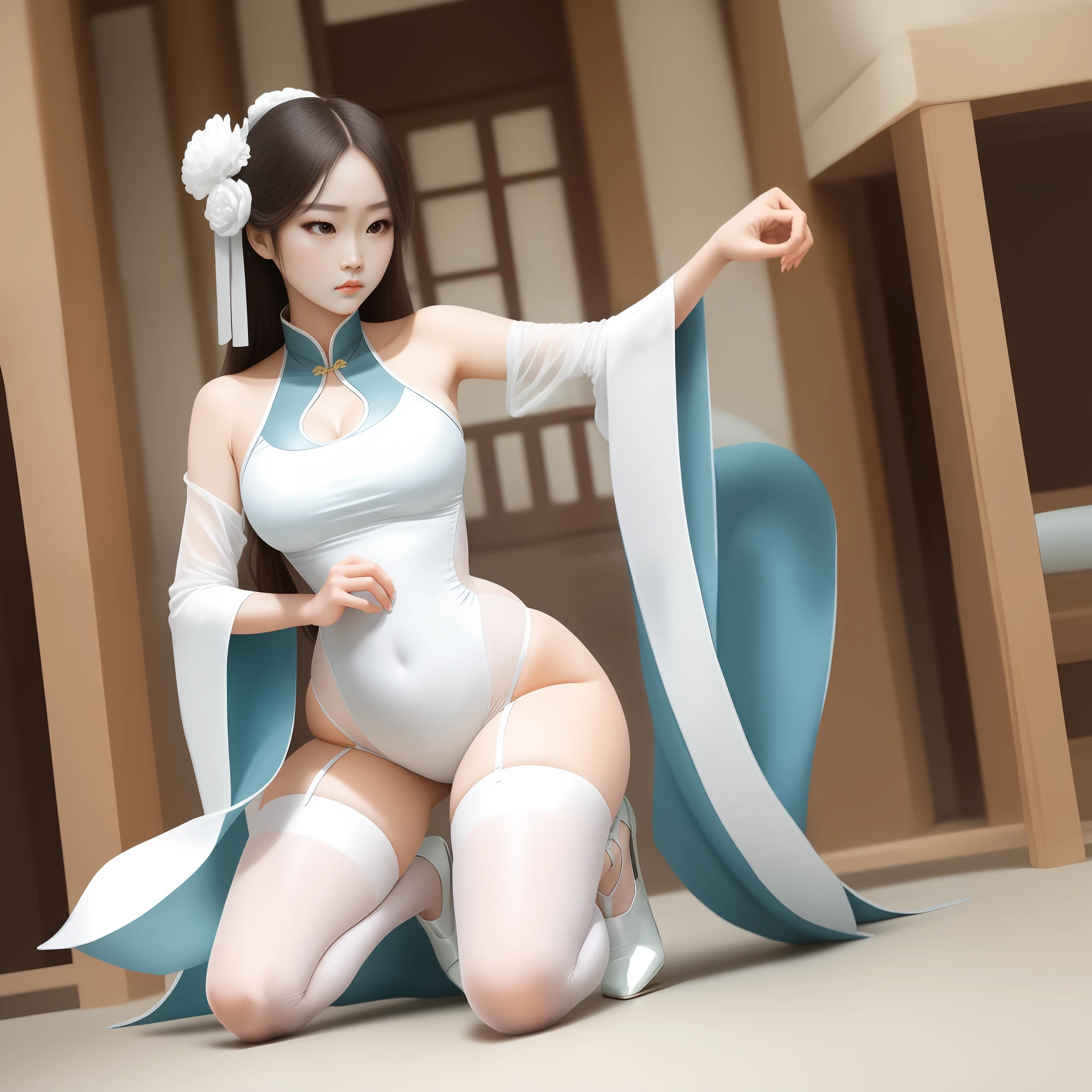 White one-piece stockings,white Heels,Hanfu,Kneeling pose,Pout your hips,Noble and elegant