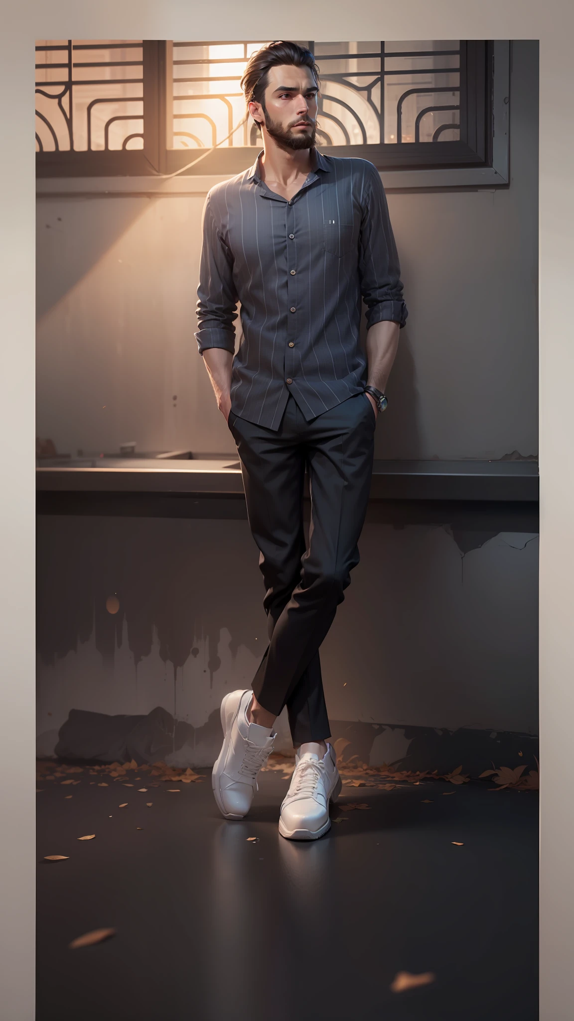 Change background cinematic handsome boy, ultra realistic face, 8k ultra realistic, short beard, stylish long hair, stylish cloths.