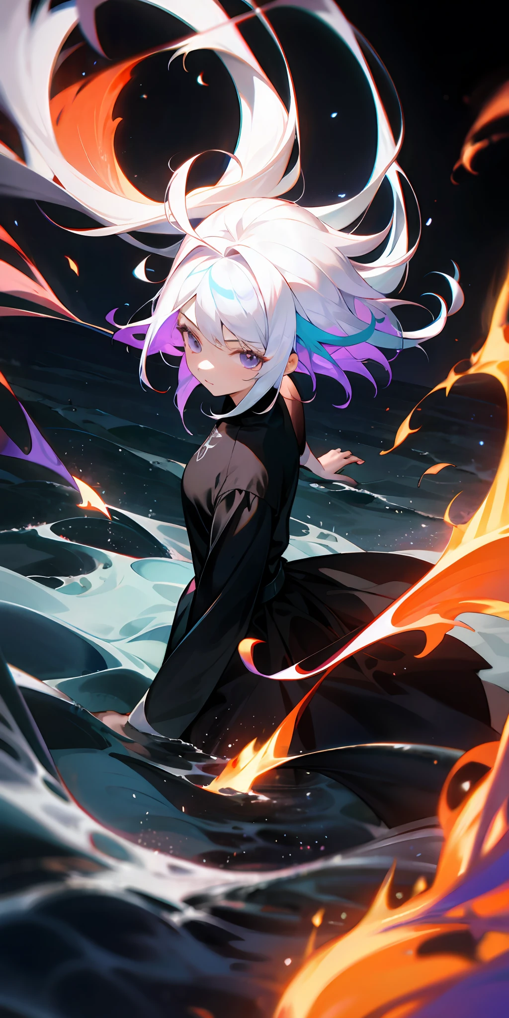 1girl in、White hair、O cabelo multicolorido、Coming out surrounded by a sea of black-purple fire、