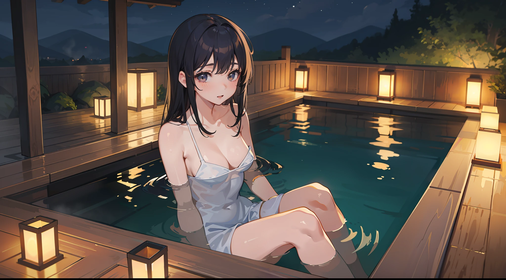 top-quality、Full body portrait、delicated face、cute face、One 25-year-old woman、slim figure、Petite bust、、、Bathing scene in an open-air bath、barechested、Onsen at night、