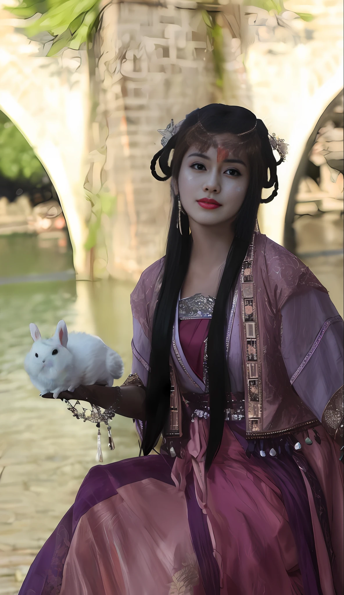 tmasterpiece，HighestQuali，extreme facial detail，Commercial portrait photography，cinmatic lighting，The oriental beauty has a rabbit in her left hand，Gorgeous clothes