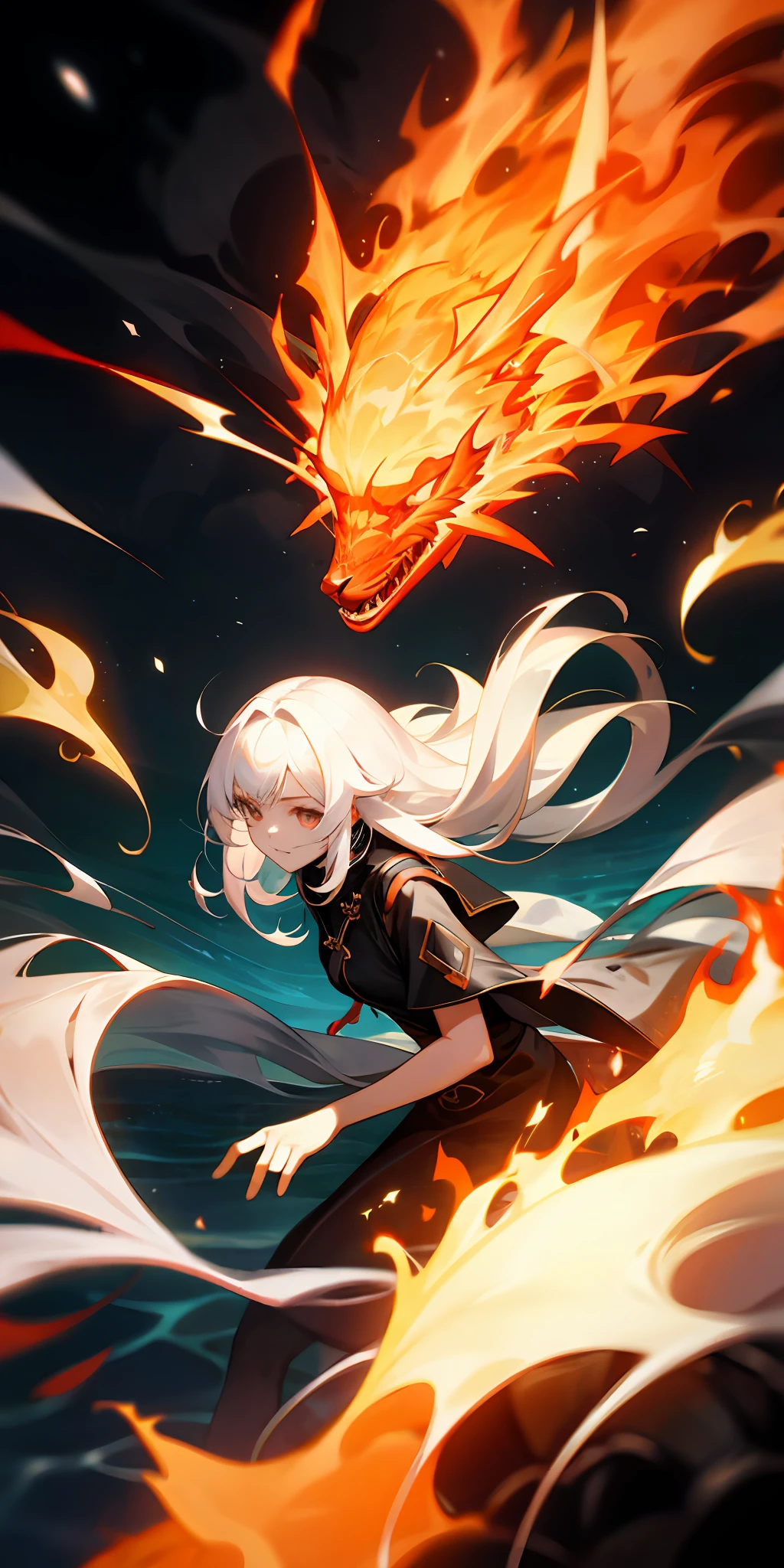1girl in、White hair、O cabelo multicolorido、Coming out surrounded by a sea of fire、