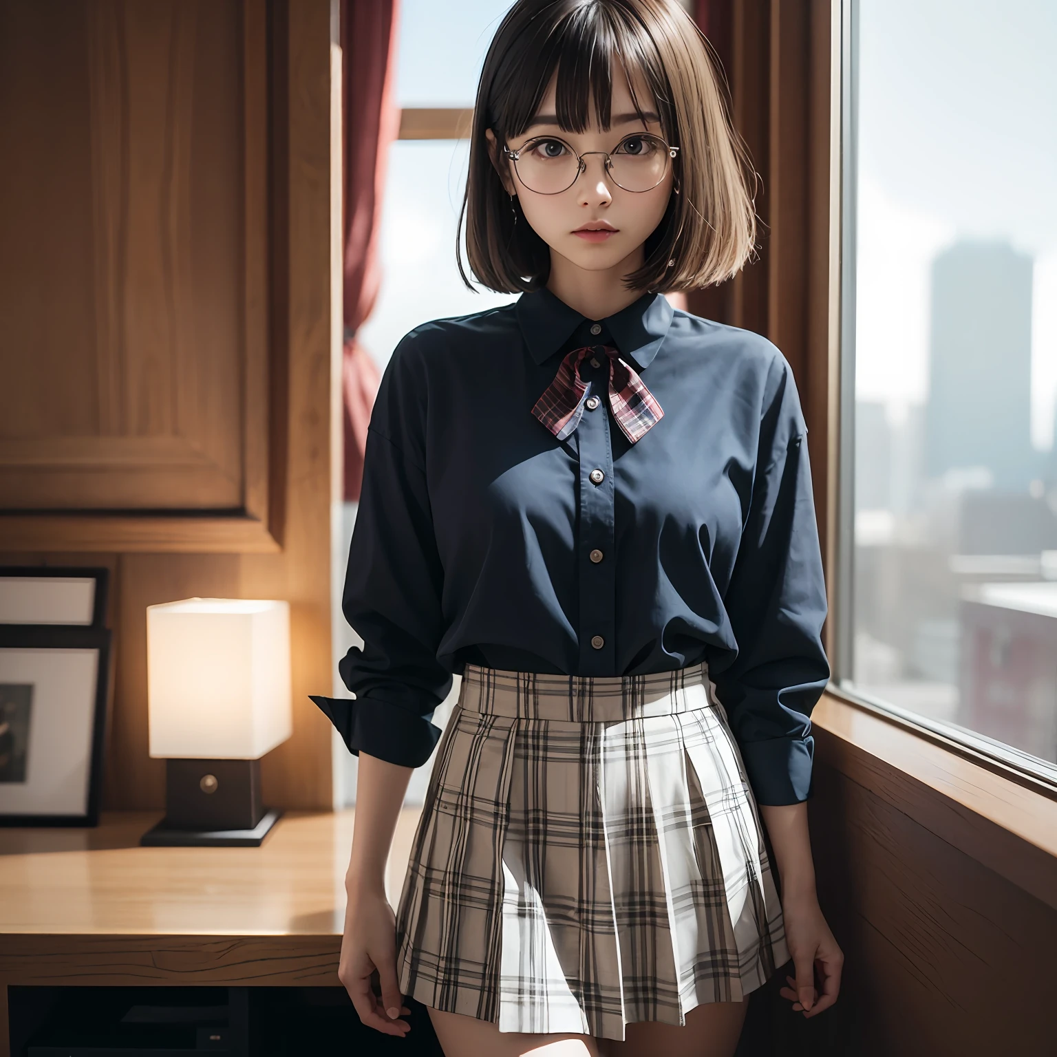 (8K、Raw photography、top-quality、masterpiece:1.2)masterpiece,top-quality、超A high resolution,Raw photo,ren,Beautiful fece,shorth hair,One Person, 独奏,eye glass,,Dark look,Small breasts,fullllbody,Round glasses、cute little、A Japanese Lady,is standing,(Tight eyes,Bullish,skinny,Rasping,irate,small tits,flat breast)、(Photorealsitic:1.37)、Photon mapping,Light blue ribbon,Realistic、Cute little face,Brown-eyed、Black socks、Red bow tie、Radio City、Physically Based Rendering、Foreground、depth of fields、Blurry background、a picture,The girls、Body, Long legs, Thin leg, bob cuts,(Bangs are visible), hair, s lips, Blue_The eye, nosesoft, Light blue shirt, Navy blue and white plaid pleated skirt, Sheer clothing,, Thigh, Black cotton socks,Nogizaka Idol, 女優, Japanese ido