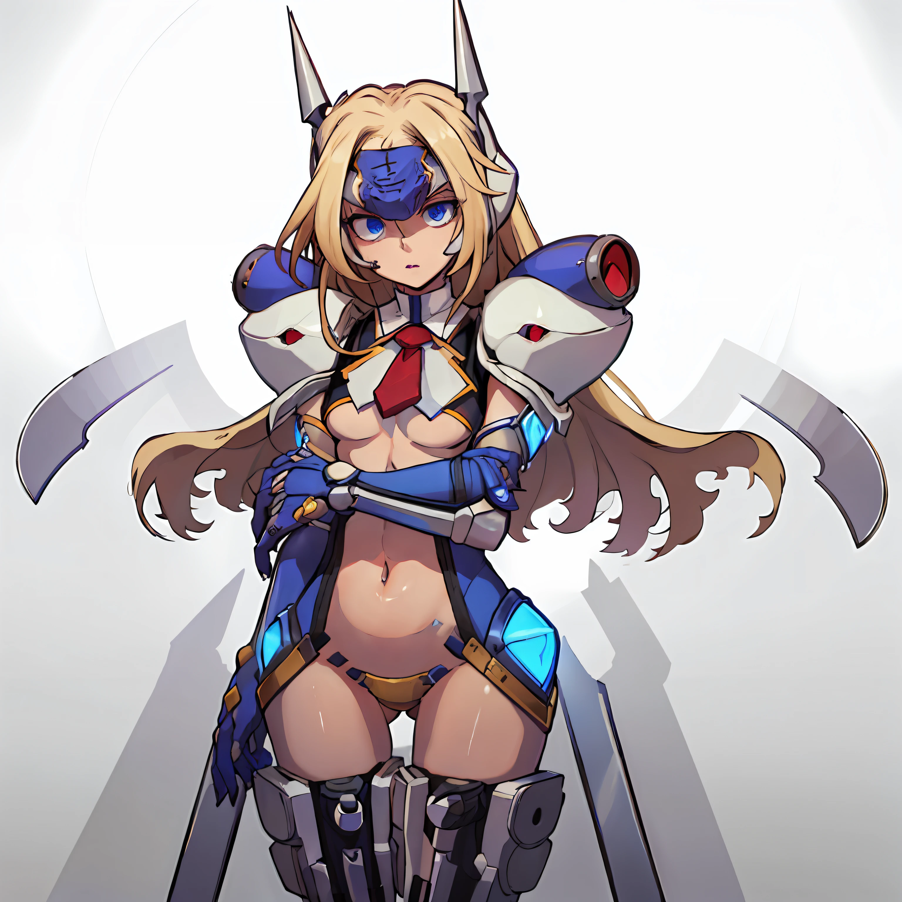 highres, absurdres, best quality, masterpiece, solo, 1girl, mu-12, blue eyes, blonde hair, long hair, medium breasts, forehead protector, revealing clothes, elbow gloves, mechanical legs, cowboy shot, robot ears,