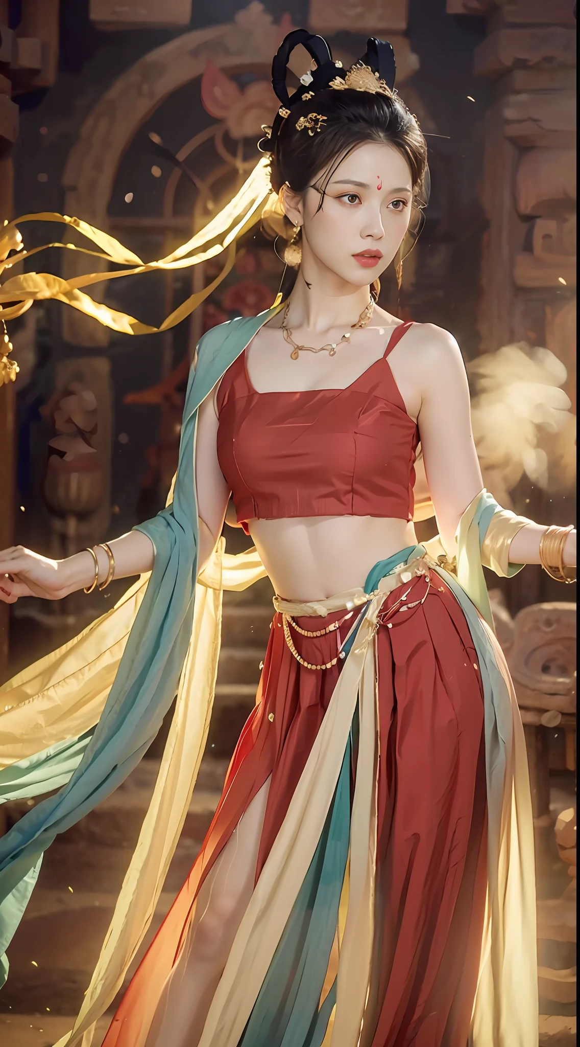 (8k, RAW photo, best quality, masterpiece:1.2), (realistic, photo-realistic:1.4), (extremely detailed CG unity 8k wallpaper), (1 girl:1.5), Western beauty, (Red clothes: 1.4), red spots on forehead, pale skin, blush, big eyes, full body, thighs, open navel, gold waist chain, gold jewelry, flying ribbons, particles, background is Loulan ancient city, ancient city wall, desert, dance, dunhuang_dress, dunhuang_style,