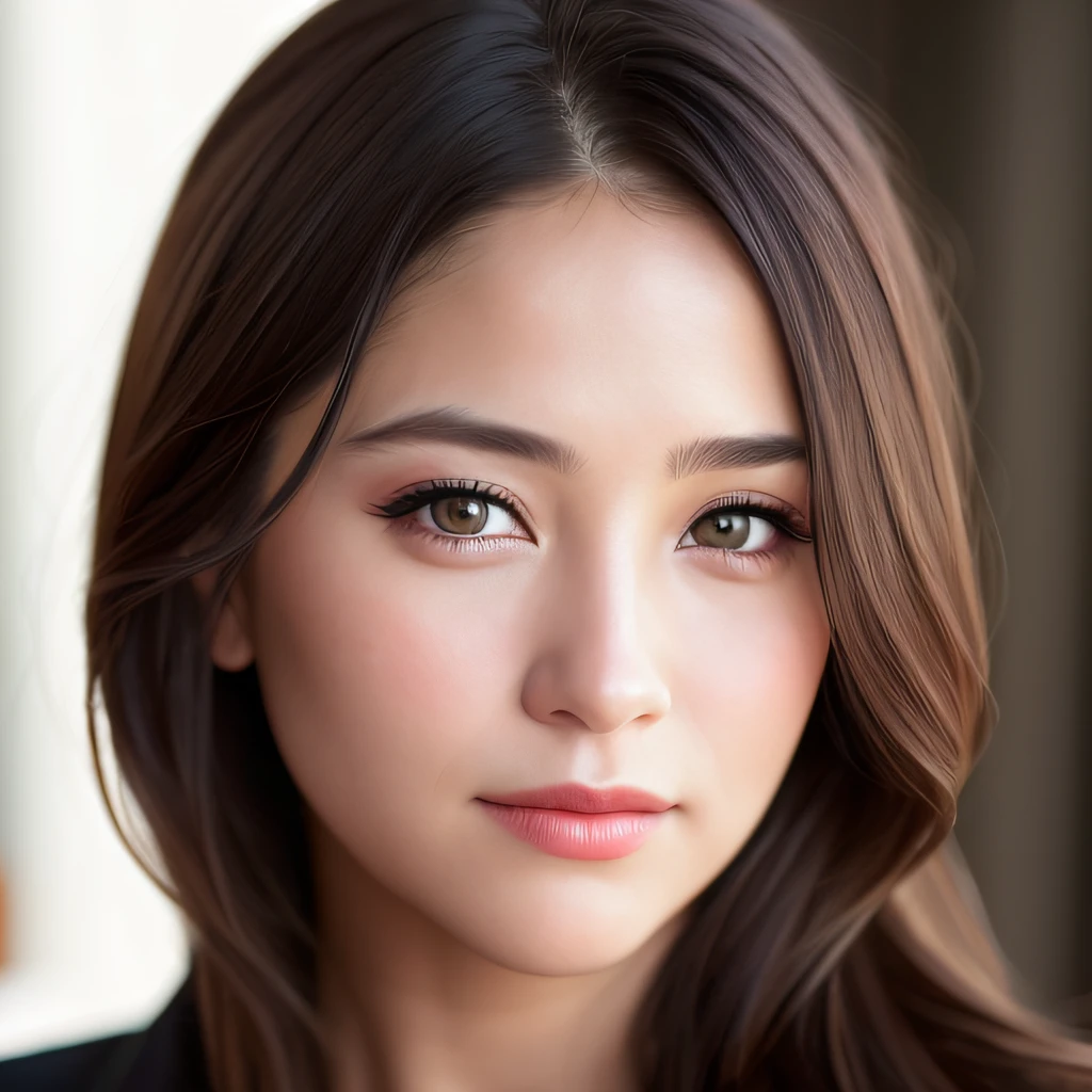 Looking at the audience, light makeup, realism, realistic photos, professional color correction, 8K, F2.4 aperture, 35mm lens, realistic real face, only the face area is included.