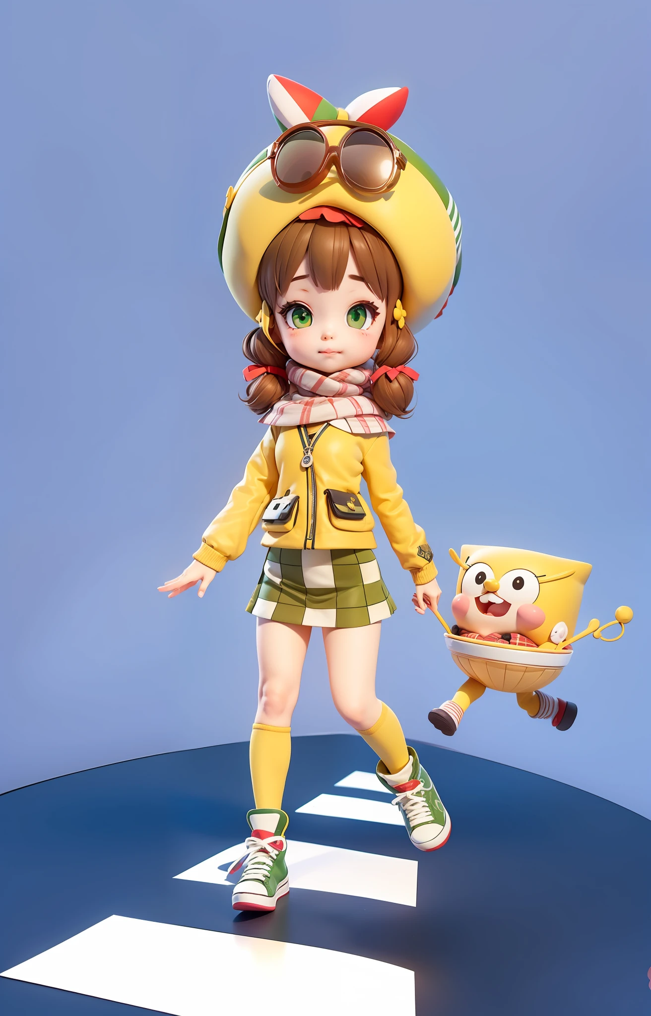 Cute double ponytail girl brown dull fur yellow beret sunglasses in beret yellow coat yellow socks black and white gray plaid skirt green sneakers D cup with SpongeBob SquarePants