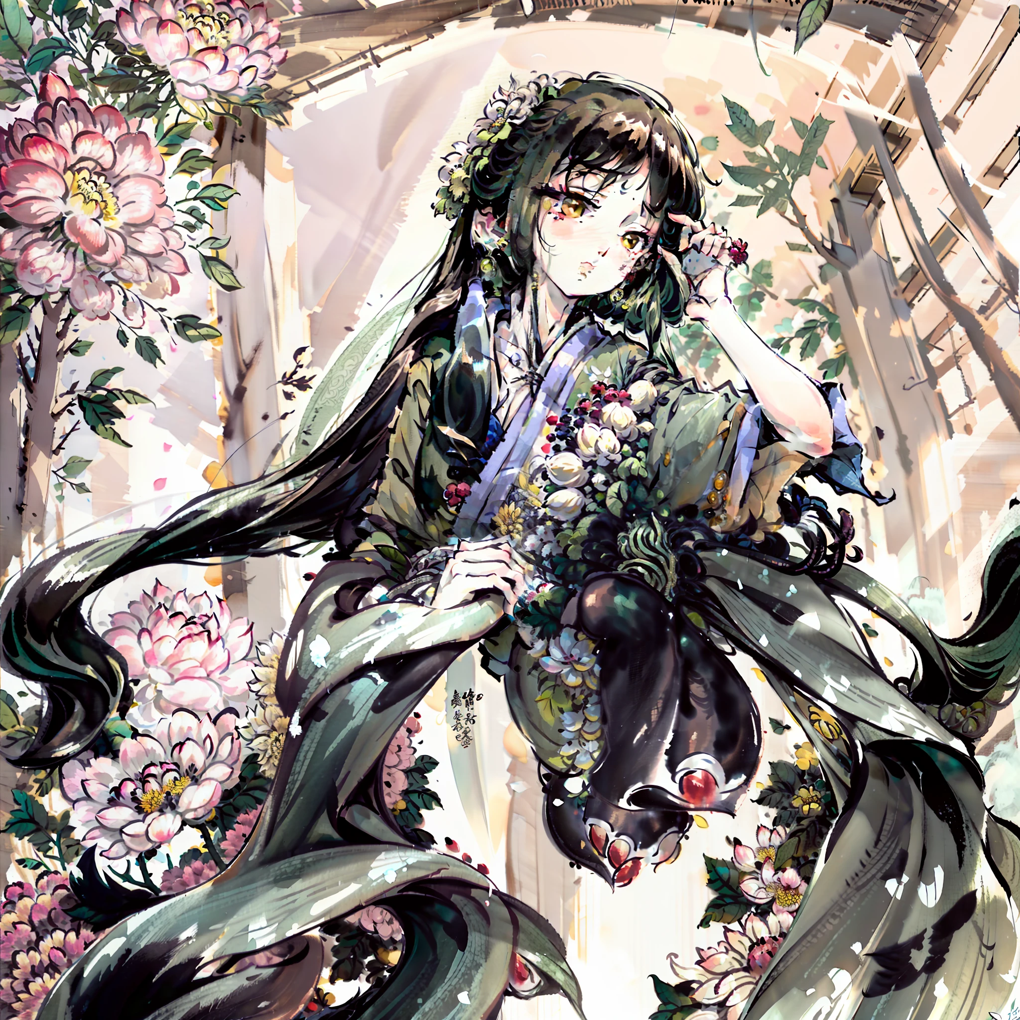 Hanfu,green color,cabelos preto e longos,Peonies,chrysanthemums,Need,HD,Masterpiece