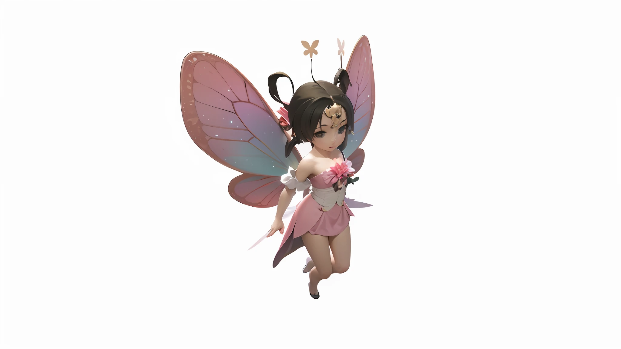 There is a fairy in a pink dress and butterfly wings, pixie character, space flower fairy, stunning 3d render of a fairy, insect trainer girl, brunette elf with fairy wings, astral fairy, render of a cute 3d anime girl, faeries, hyper-detailed fantasy character, Fairy, Stylized anime, brunette fairy woman, cute 3 d render,white backgrounid