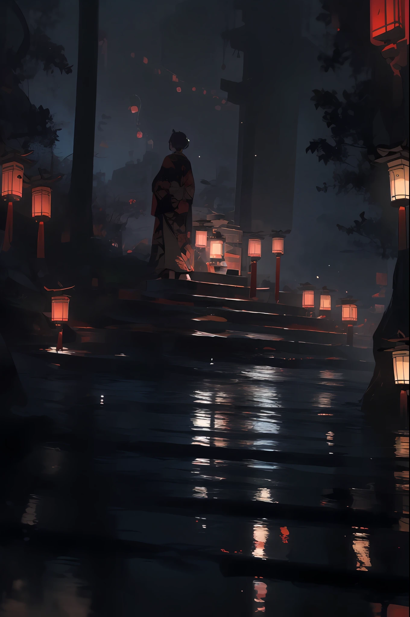 (masutepiece:1.4), Best Quality,Realistic,Tindall Effect,
Night, lantern, tree, Scenery, Outdoors, 1girll, Solo, Black hair, Komono, from behind, Male Focus, Standing, East Asian Architecture, architecture, skyporn, nigh sky, stairs, Facing away,