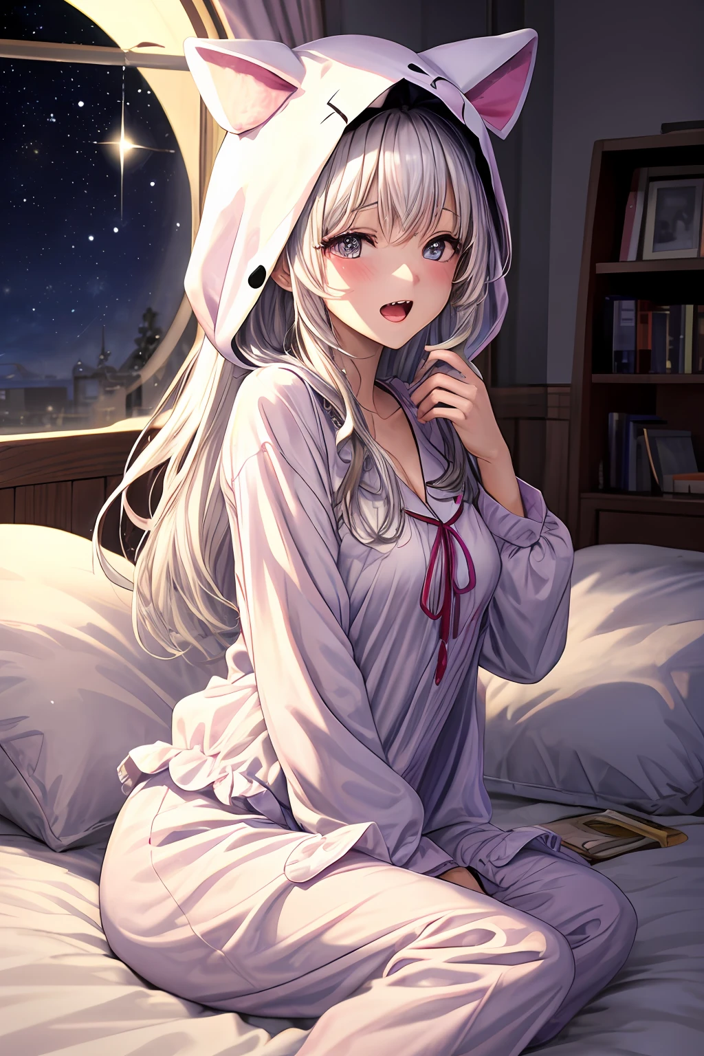 Original Character, Volumetric Lighting, Best Shadows, Shallow Depth of Field, Portrait Of Stunningly Beautiful Girl, Delicate Beautiful Attractive Face With Alluring Black Eyes, Half Closed Eyes, Yawning, Open Mouth, Cute Fangs, midium Breasts, Layered Medium White Hair, Blush Eyeshadow, Kigurumi Animal Pajamas, In The Dreamy Attic Bedroom, Sitting On Comfortable Bed, With Animal Pillows, Lovely Duvet Cover, Under The Circular Round Window, Fantastic Night Sky of Through Window, Moonlight, Milky Way, Starburst, (Highest Quality), (Amazing Details:1.25), (Solo:1.3), Brilliant Colorful Paintings, shiny hair, post-facto, starry eyes, kissing, kissing face, imminent kiss, purple pink eyes, bed sheet, light, nose blush, light smile, white dress, High Detail, Sony FE GM, Anime Style, Motion Lines, from side, pov, sparkle