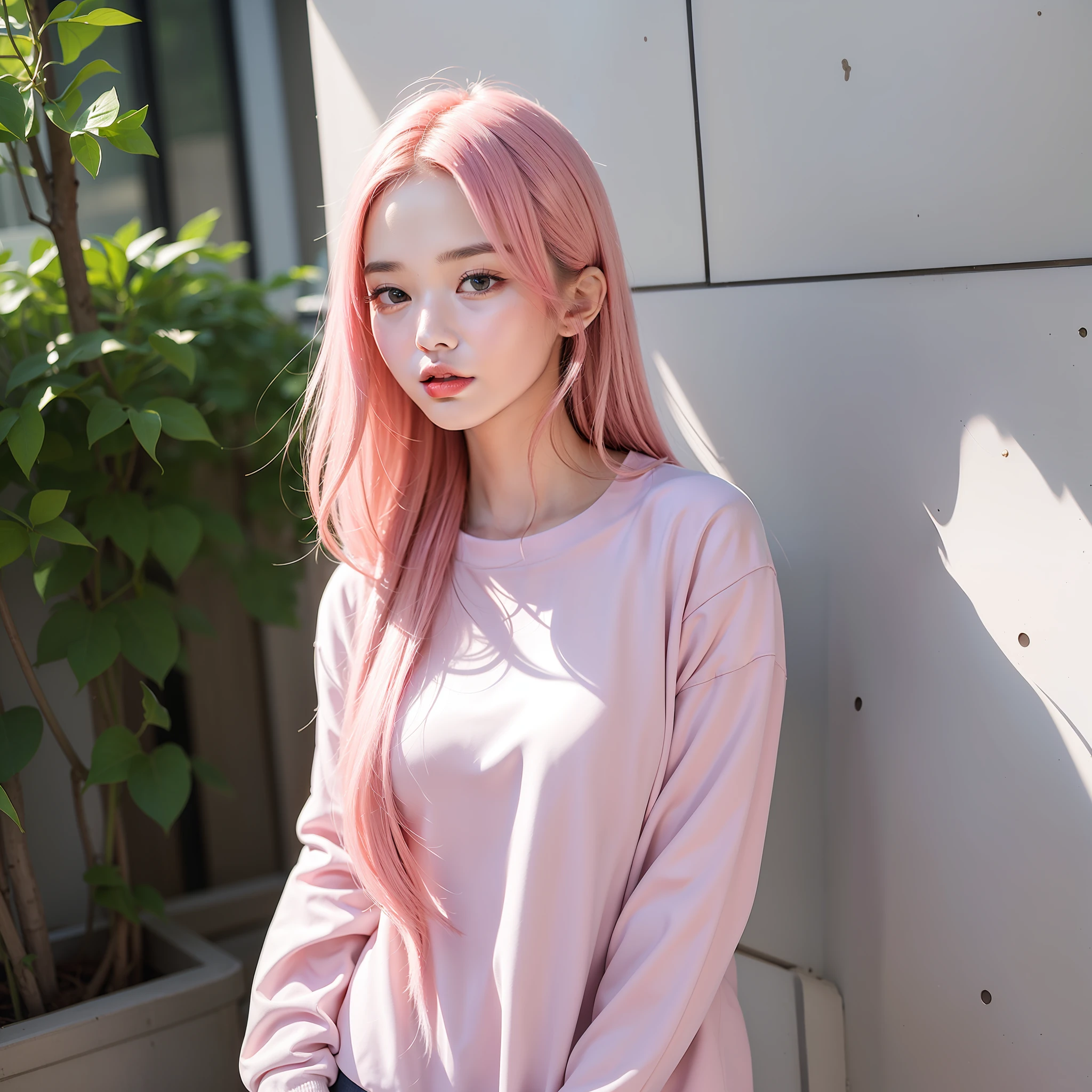 one-girl，Look to the lens，A pink-haired，Wear a school uniform，tmasterpiece，high qulity，8K，best qualtiy，realisticlying，vibrant detail，1个Giant Breast Girl，adolable，Beautiful face rich in details，One guy，looki at viewer，The street is against the wall，which stands on the street，校服，perfect  detail。