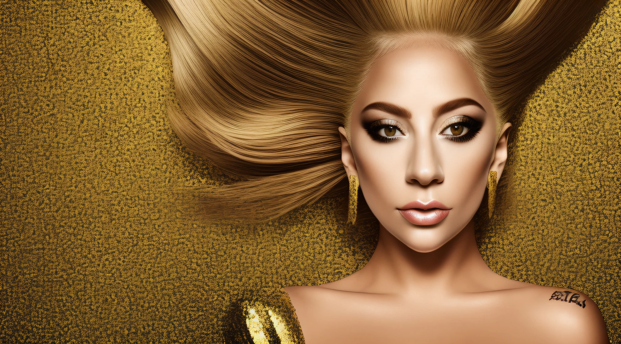 um close up de uma loira de cabelos compridos, em um vestido com uma s, three-point lighting , an album cover, Lady Gaga Artpop Act II álbum, Standing on gold leaf