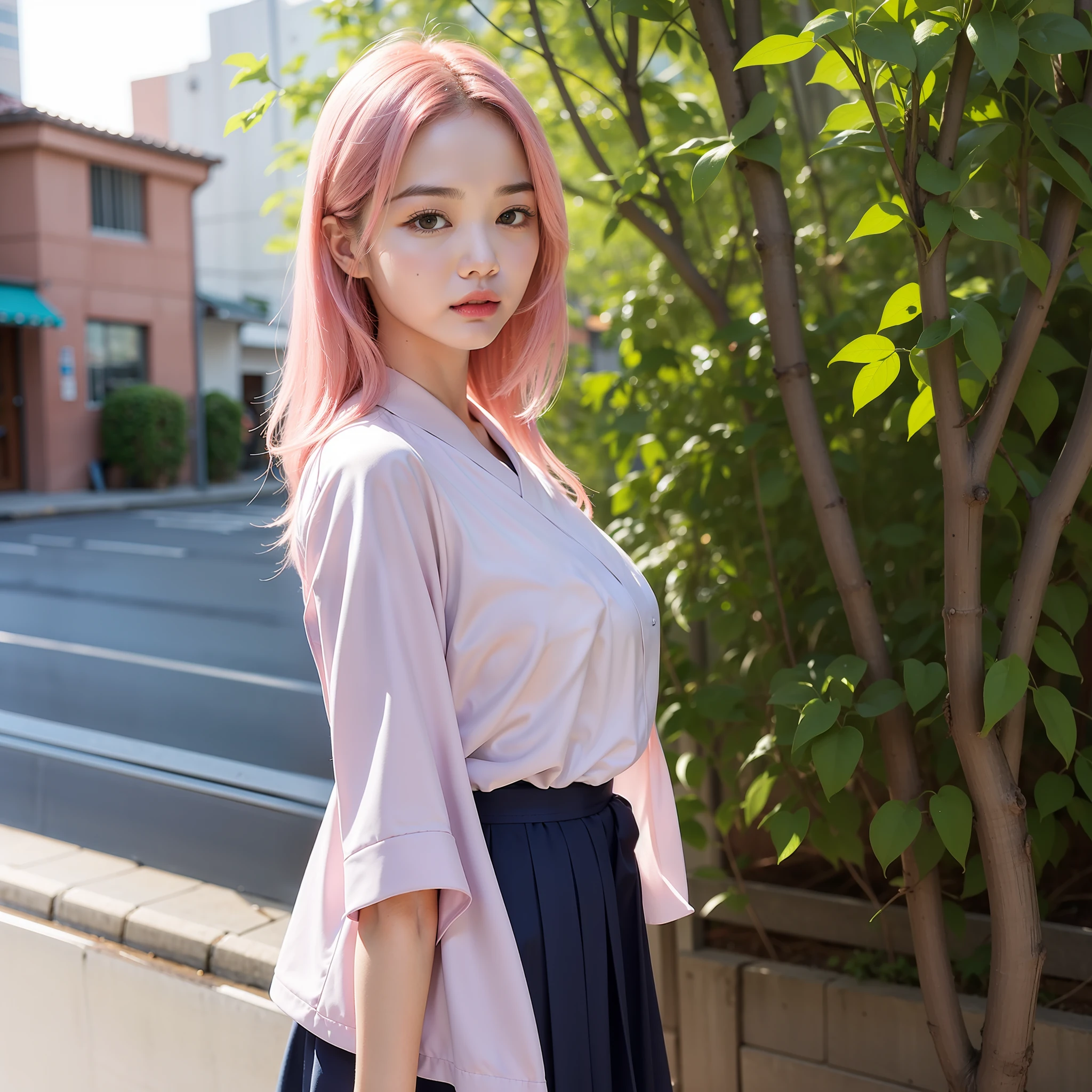 one-girl，Look to the lens，A pink-haired，Wear a school uniform，tmasterpiece，high qulity，8K，best qualtiy，realisticlying，vibrant detail，1个Giant Breast Girl，adolable，Beautiful face rich in details，One guy，looki at viewer，The street is against the wall，which stands on the street，校服，perfect  detail。