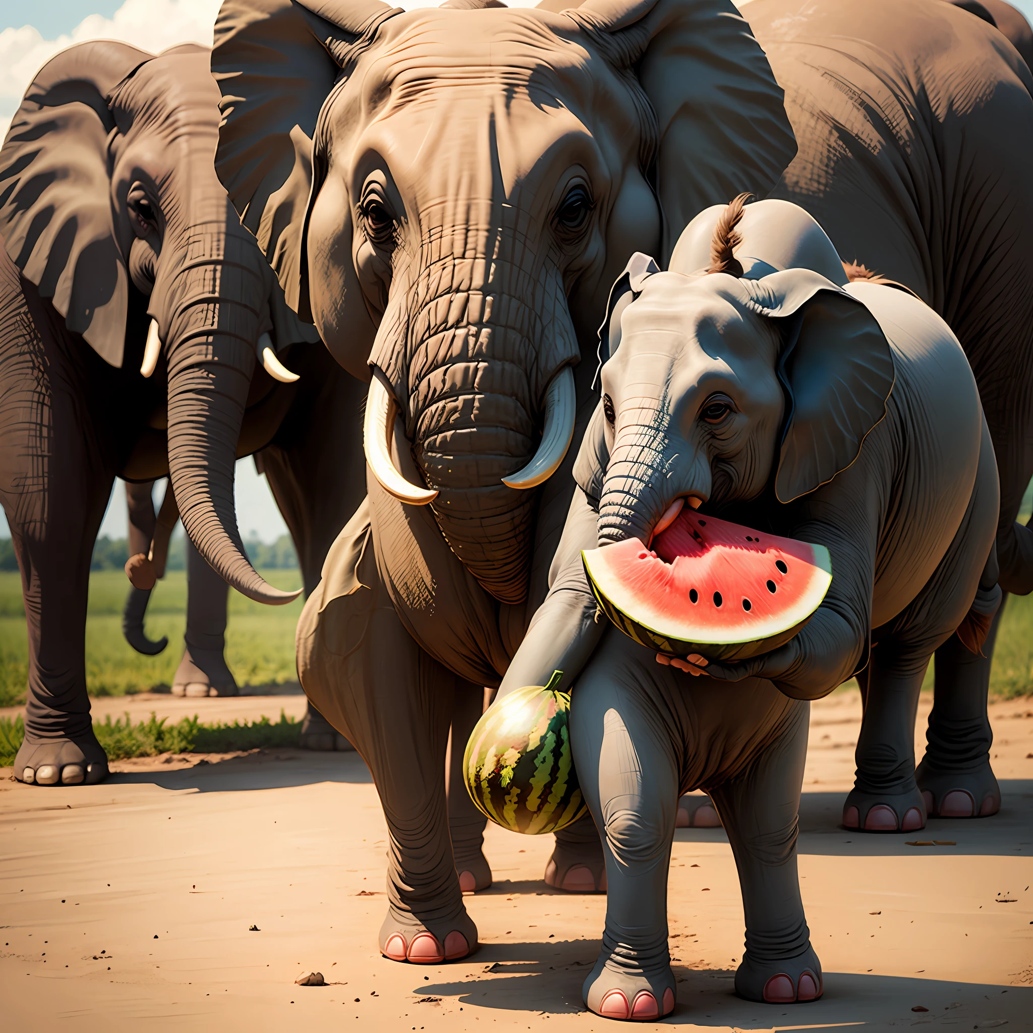 Generate a logo,An elephant,Cartoon picture holding watermelon in hand --auto