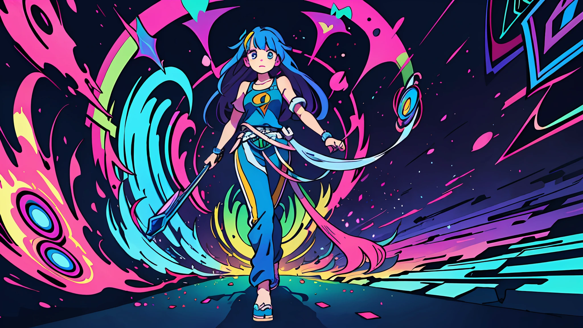(top-quality:0.8)、(top-quality:0.8)、perfect anime illustration、beautiful woman walking in city、(Psychedelic Art:1.3)