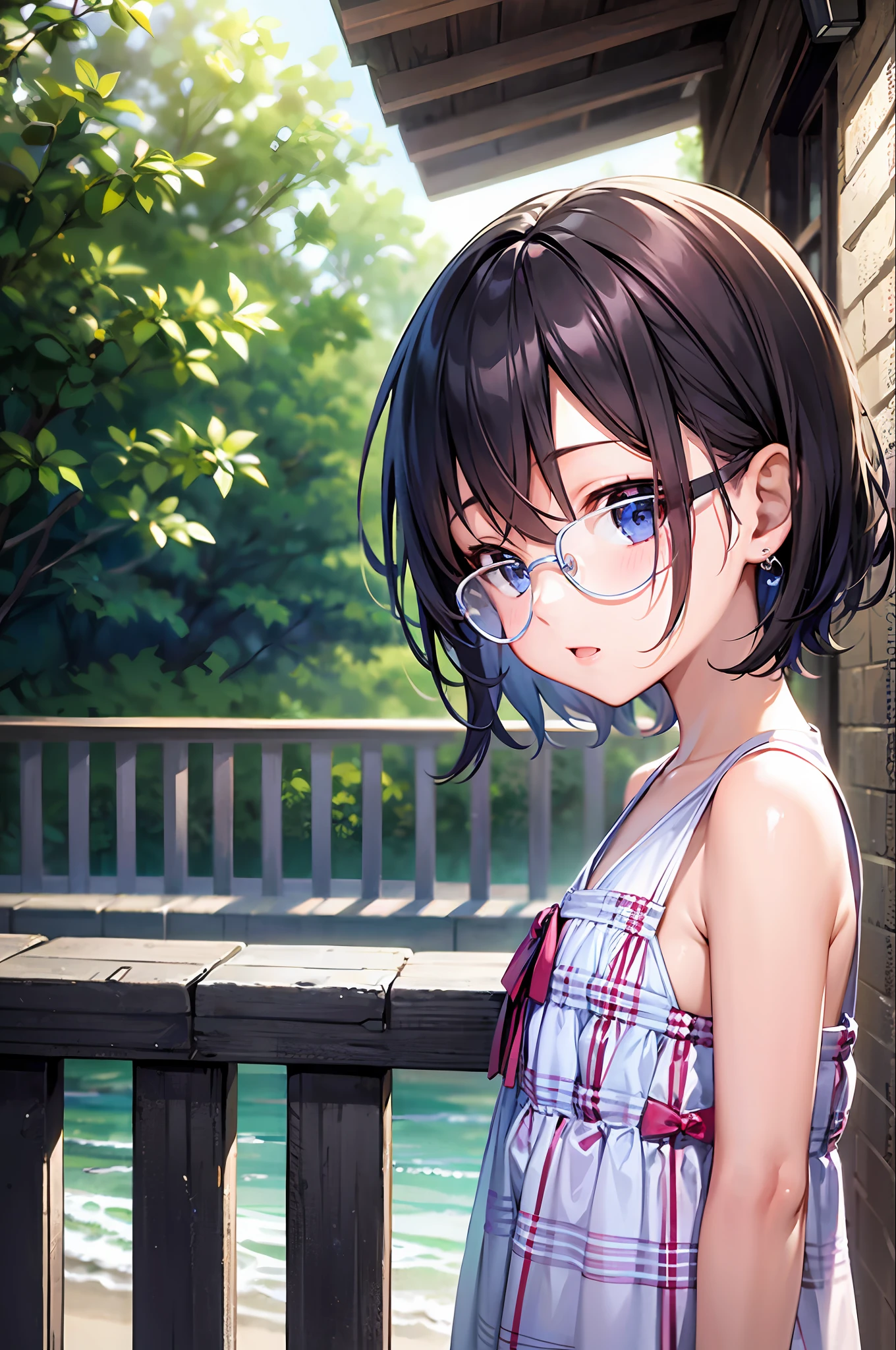 top-quality、超A high resolution、 girl、Short hair、Dark hair、hair adornments、eye glasses、Infant body type、Plaid one piece、outside of house、shores