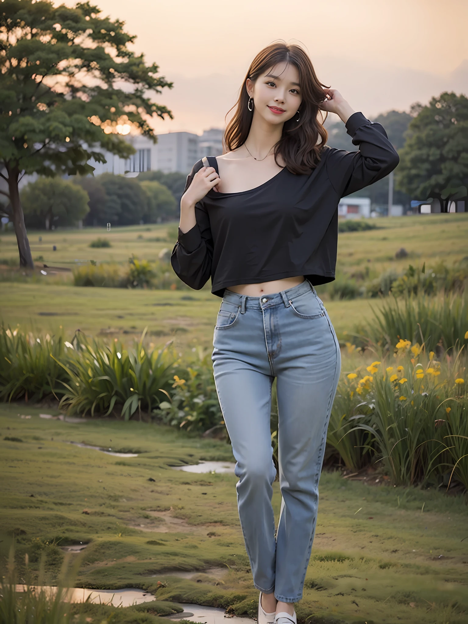 Araki woman in blue shirt and jeans standing in the field, korean women's fashion model, kawaii shirt and jeans, casual clothing style, lee ji eun, Lee Ji-eun, inspirado por Kim Jeong-hui, skinny waist and thick hips, casual modern clothing, full body cute young lady, standing in grassy field, modern casual clothing,Super realistic detailed face,White skin of the,A sweet smile,Coquettish pose,a sexy pose
