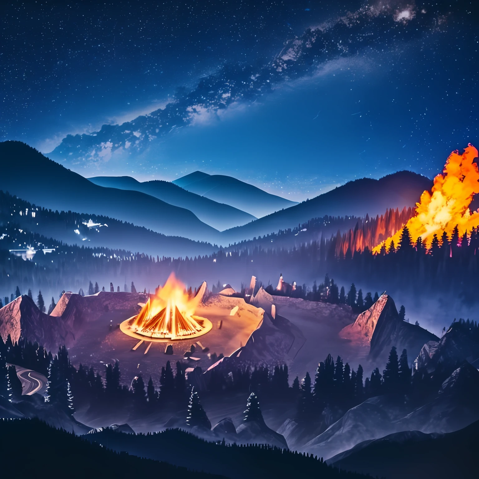 (extremely detailed, best quality, masterpiece), mysterious ancient castle, religious ceremony, group of people around a bonfire, surrounded by (dark forest AND mountain peaks), night, flickering light, volumetric light, spectral color palette. --auto