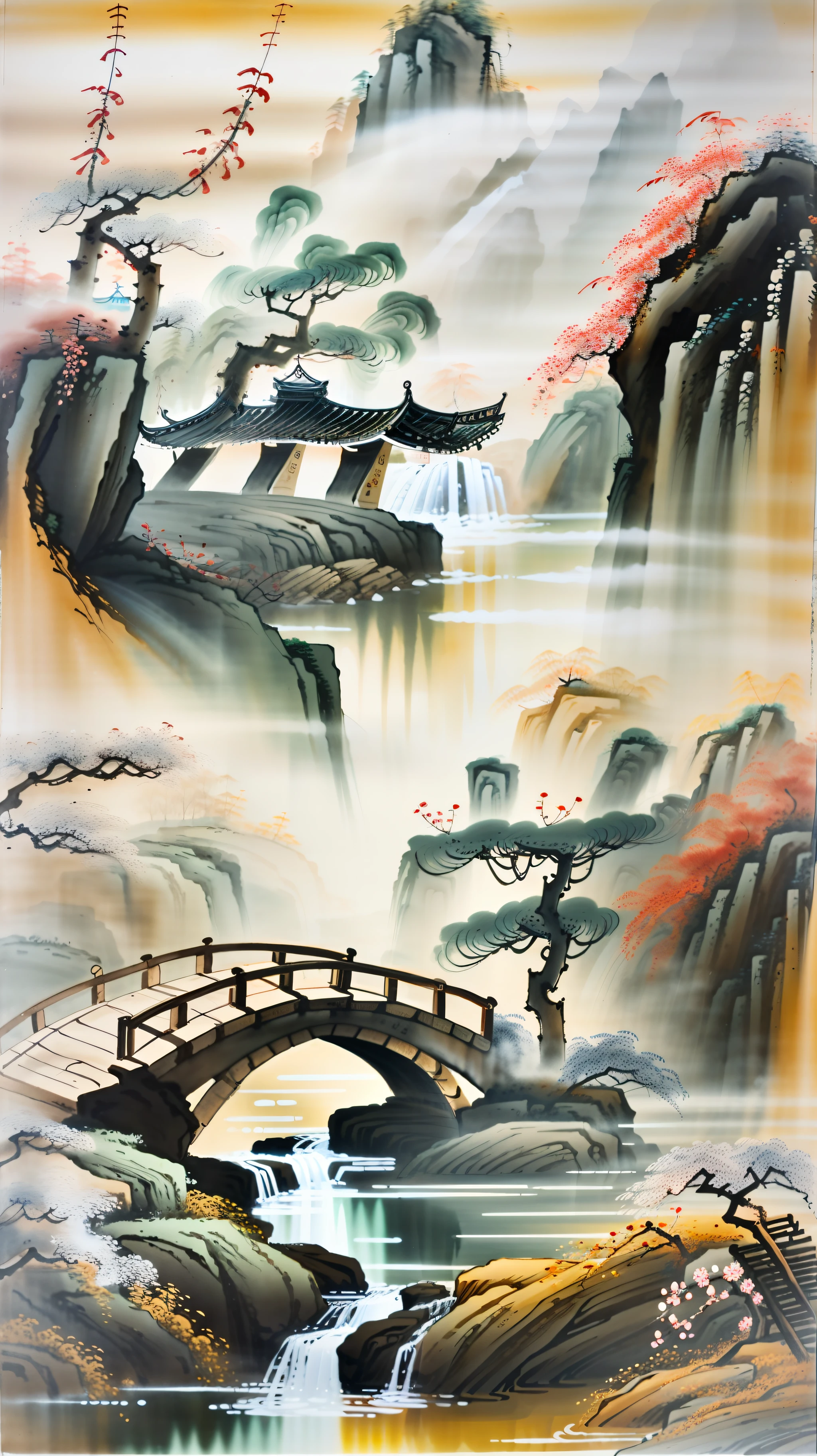 Ancient Chinese architecture, winter, plum blossoms, bamboo, lake, stone bridge, rockery, arch, corner, tree, tap water, landscape, waterfall, meadow, rock, water lily, hot springs, water vapor, (illustration: 1.0), epic composition, realistic lighting, high-definition detail, masterpiece, best quality, (very detailed CG unified 8k wallpaper)