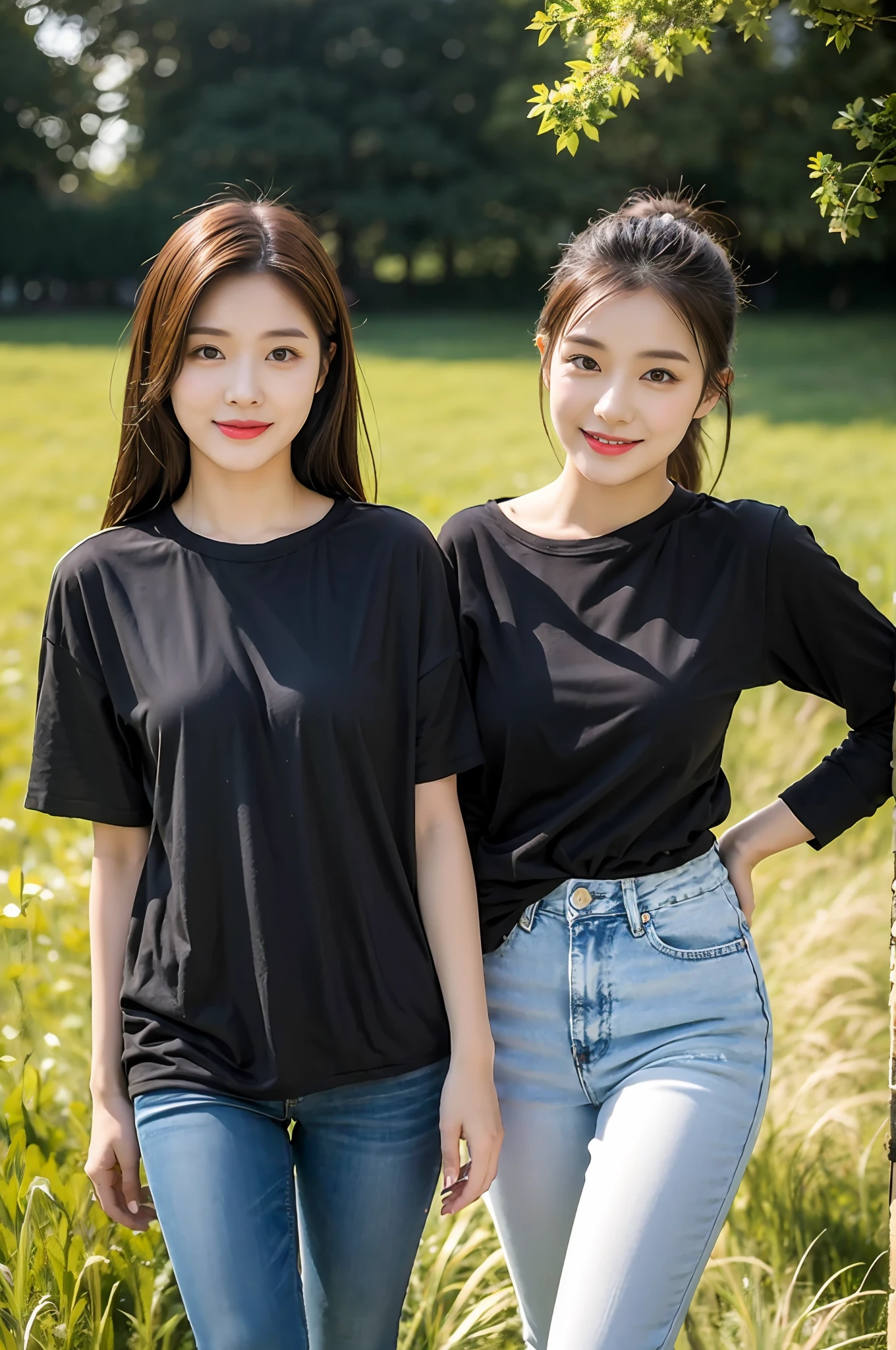 （best qualtiy：1.4），Complicated details，20 years old Korean girl，Wear a loose black T-shirt and skinny jeans，Stand on the grass and take pictures，Detailed meadow，A sweet smile，Ultra-realistic facial details，Coquettish pose，Slender calves:1.2，Wear colorful canvas shoes:1.0，fully body photo:1.5