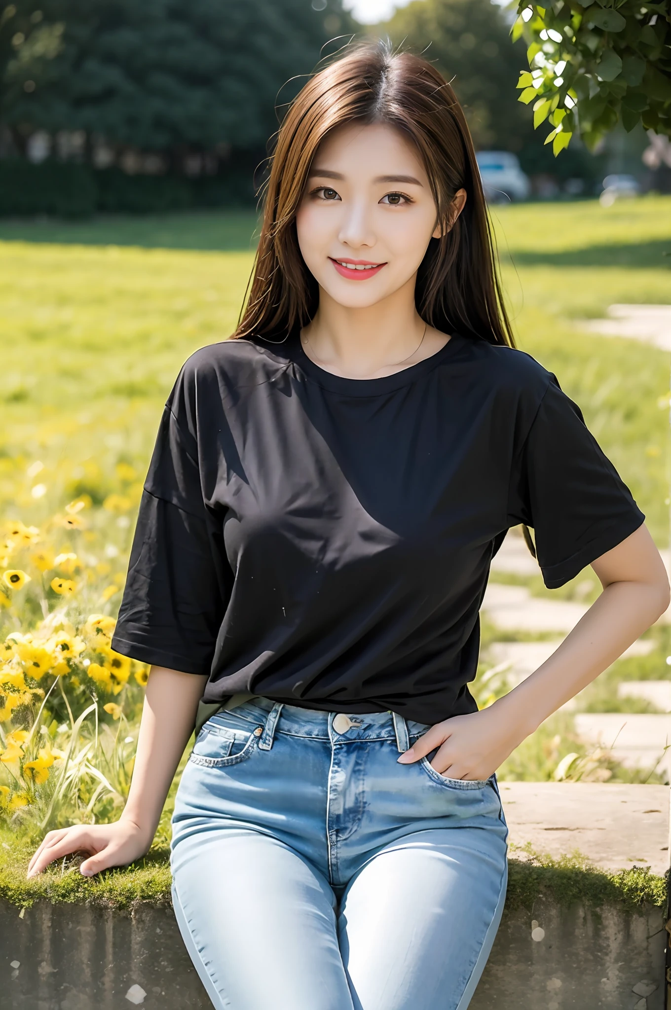 (best qualtiy:1.4),Complicated details,20 years old Korean girl,Wear a loose black T-shirt and skinny jeans,Stand on the grass and take pictures,Detailed meadow,A sweet smile,Ultra-realistic facial details,Coquettish pose,Slender calves:1.2,Wear colorful canvas shoes:1.0,fully body photo:1.5