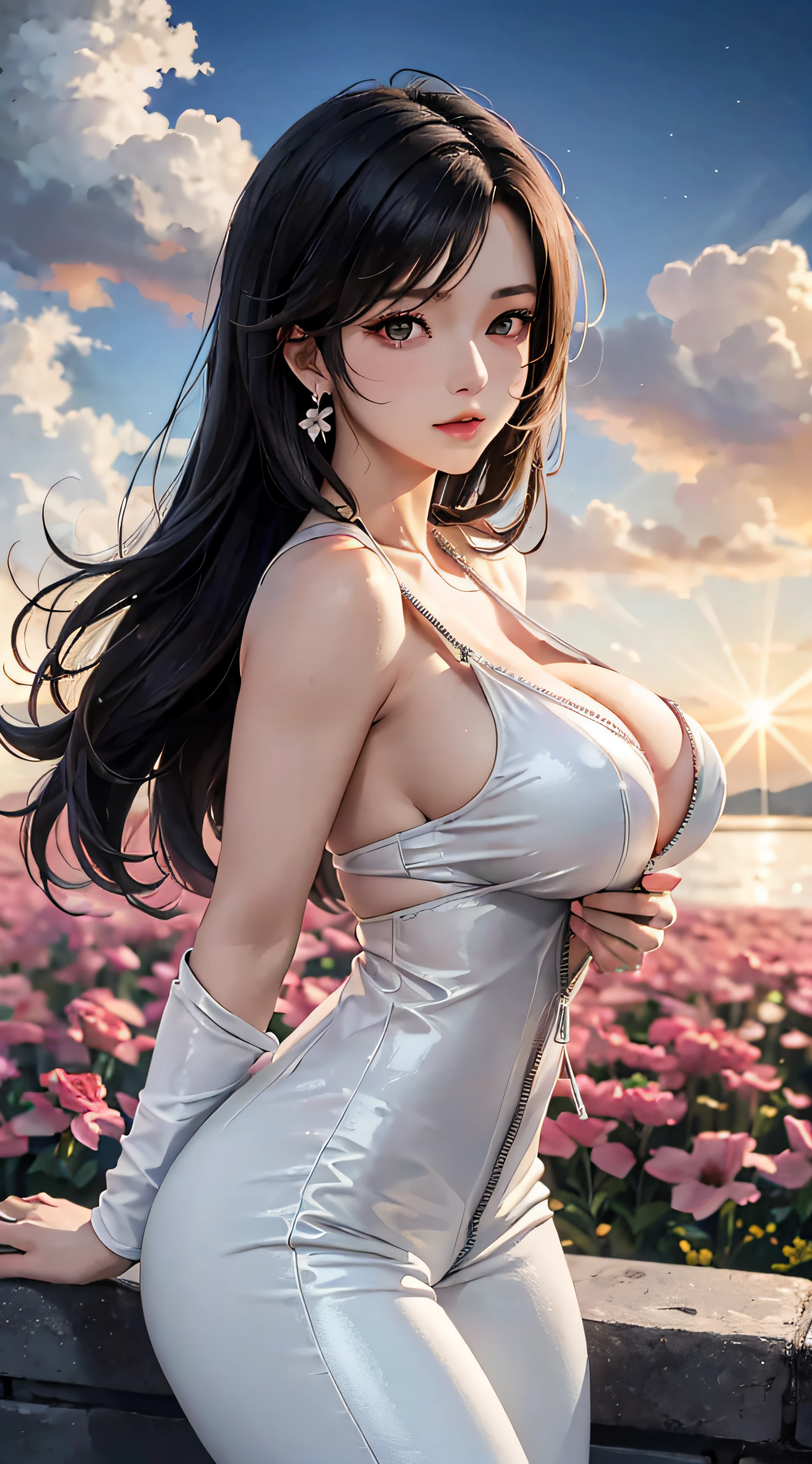 tmasterpiece,best qualtiy,8K,1个Giant Breast Girl,Sexy and revealing,Solo,ff Tifa,Most detailed,eyes reflection:1.5,eyes with brightness:1.5,White skin,Oily natural latex jumpsuit all over the body,full-length zipper,skin reflections:1.5,Slim,Thin leg,sitted,skin reflections,eventide,Updraft,The upper part of the body,Lens flare,cinmatic lighting,final fantasy style,Beautiful sky and flower fields