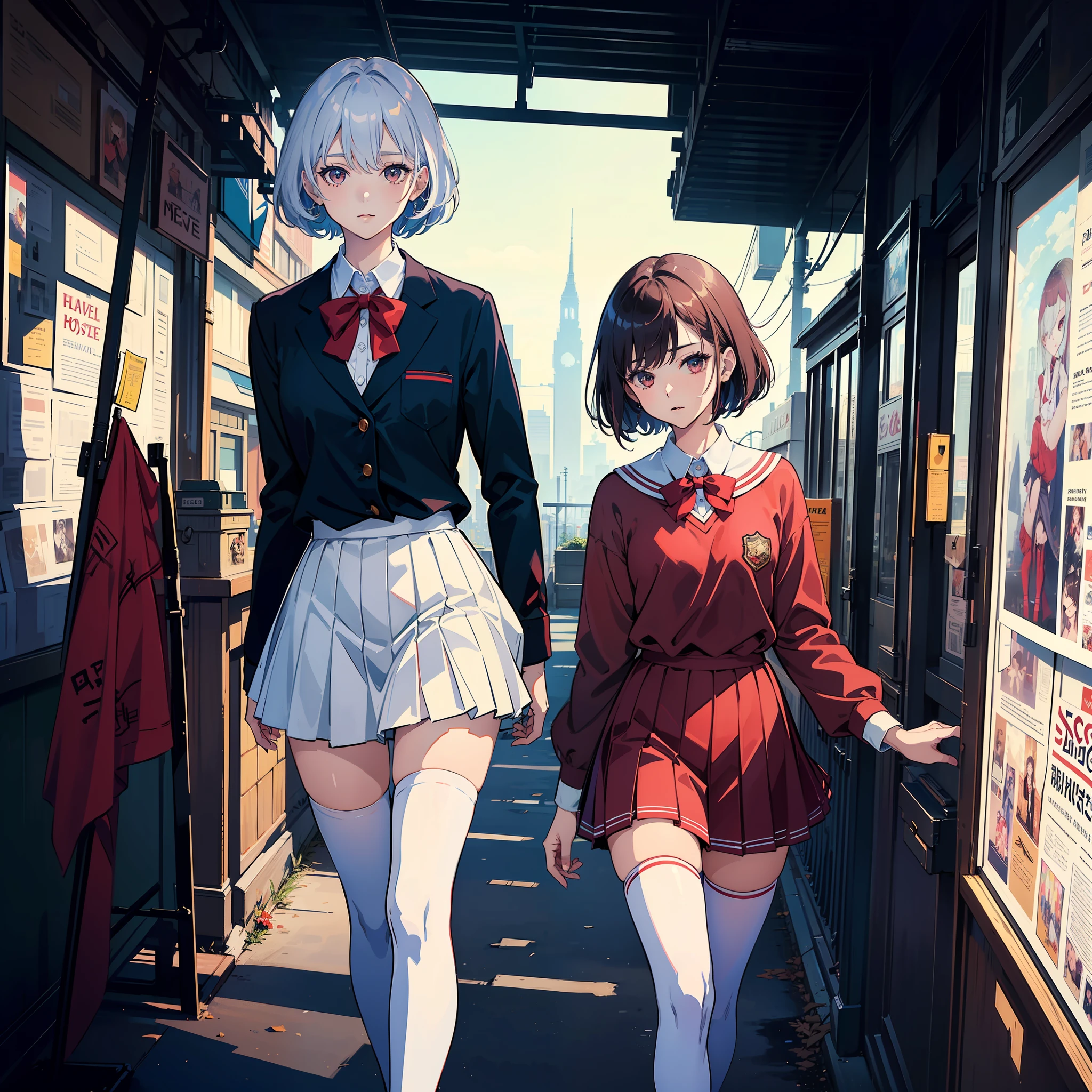 (masterpiece,top quality,best quality,official art,beautiful and aesthetic:1.2),
1girl,(white thighhighs),zettai ryouiki,newspaper background, red clothes,Bright colors
(jk_style,jk,school uniform) (masterpiece,top quality,best quality,official art,beautiful and aesthetic:1.2),