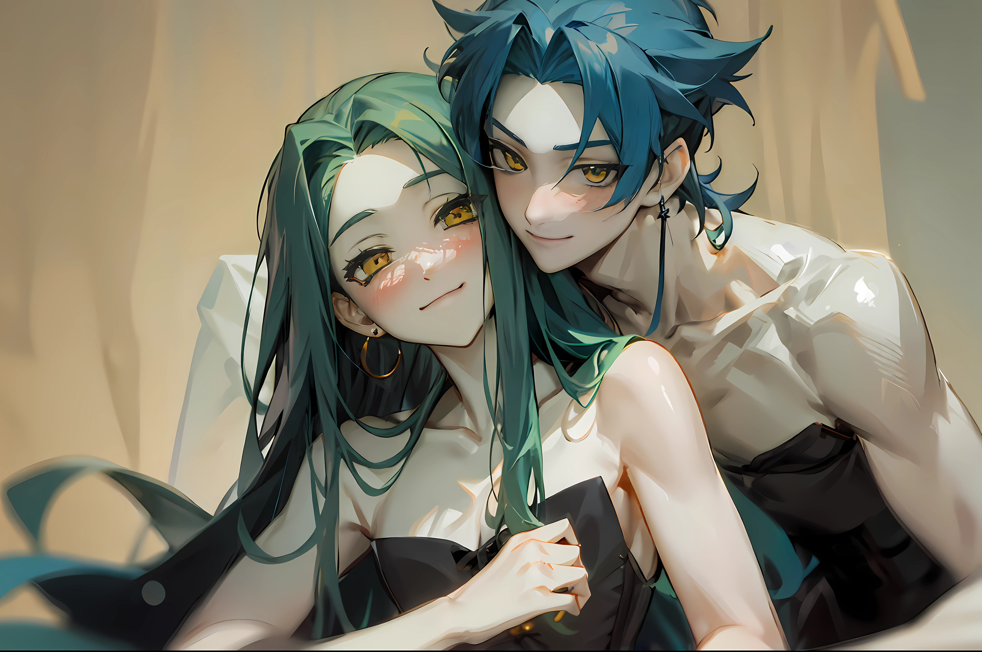 2boy, long hair, , earrings, yaoi, yellow eyes, jewelry, green hair, , blush, couple, pectorals, closed mouth, collarbone, looking at viewer, breasts, parted bangs, short hair, blue hair, smile, bangs, corset