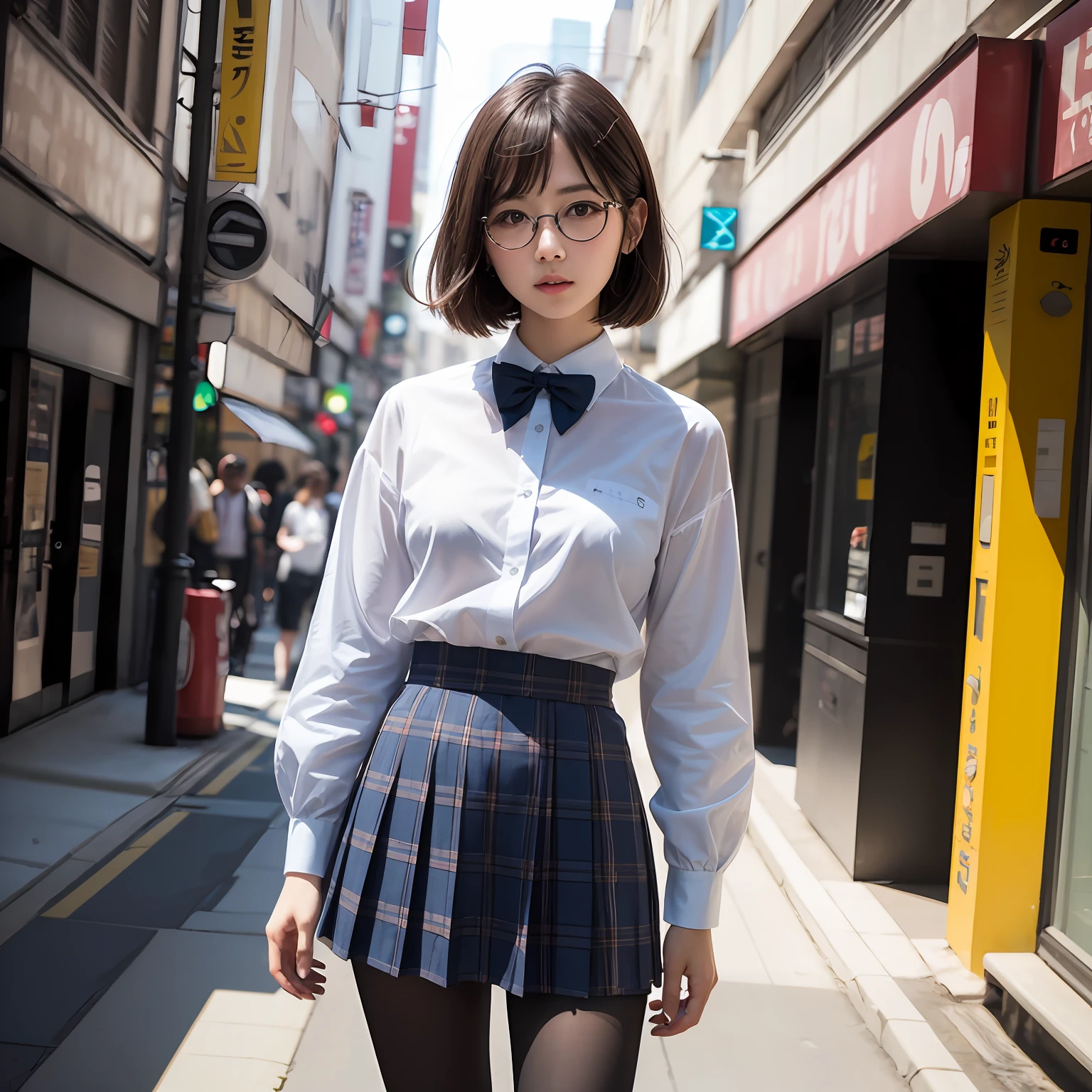 （8K、Raw photography、top-quality、​masterpiece：1.2）​masterpiece,top-quality、超A high resolution,Raw photo,ren,Beautiful fece,shorth hair,One Person, 独奏,eye glass,,Dark look,Small breasts,fullllbody,Round glasses、cute little、A Japanese Lady,is standing,(Tight eyes,Bullish,skinny,Rasping,irate,small tits,flat breast)、（Photorealsitic：1.37）、Photon mapping,Light blue ribbon,Realistic、Cute little face,Brown-eyed、Black socks、Red bow tie、Radio City、Physically Based Rendering、Foreground、depth of fields、Blurry background、a picture,The girls、Body, Long legs, Thin leg, bob cuts,(Bangs are visible), hair, s lips, Blue_The eye, nosesoft,  Light blue shirt, Navy blue and white plaid pleated skirt, Sheer clothing,, Thigh, Black cotton socks,Nogizaka Idol, 女優, Japanese ido