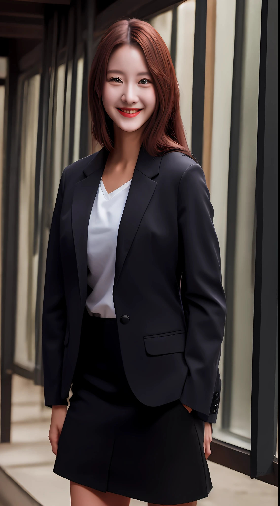 top-quality, masterpiece, 1girl in, beautiful countenance, (photographrealistic:1.3), Rim Lighting, (High Detail Skins:1.2), 8K UHD, Digital SLR, hightquality, hight resolution, 4K, 8K, bokeh dof, absurderes, best ratio four finger and one thumb, (realisitic:1.3), pretty 1girl, Wearing a black formal blazer, middlebreast, a short skirt,smil