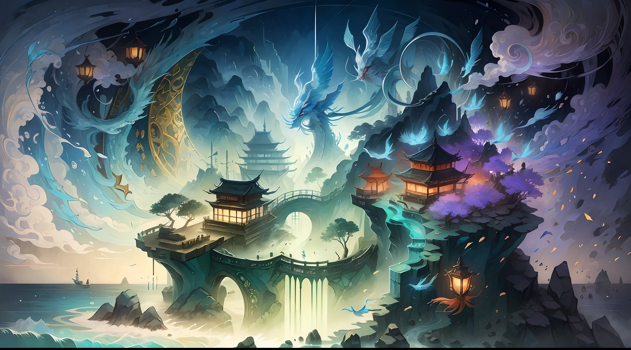 the sea,Immortal Island, the ocean, immortal,faeries,Auspicious clouds,The beautiful sea goddess Mazu watches everything in the sky,Protecting the sea and fishermen, Fishing village on the island,Small fishing boats at sea,Ancient port,rays of sunshine,White dragon in the sky, tmasterpiece, super detailing, Epic composition,Song Dynasty, hyper HD, high qulity, extremely detaile, offcial art, 统一 8k 壁纸, super detailing, 32K