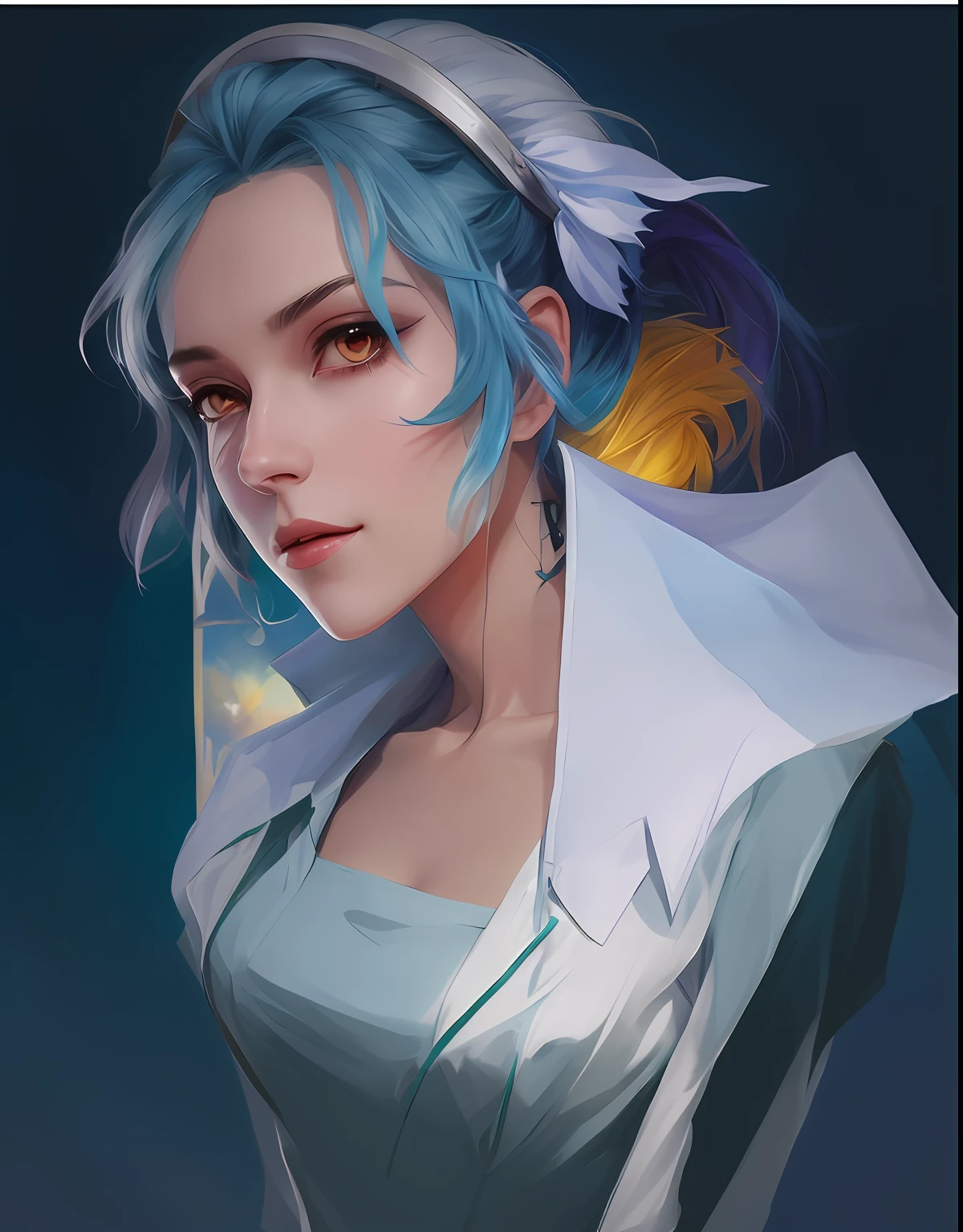 Draw a woman with blue hair and a white shirt, artgerm portrait, digital fantasy portrait, artstation painting, Portrait Chevaliers du Zodiaque Fille, Inspired by WLOP, inspired by Lois van Baarle, 2d portrait, low details. Digital painting, portrait of jinx from arcane, rossdraws portrait, painted character portrait, inspired by Jules Chéret