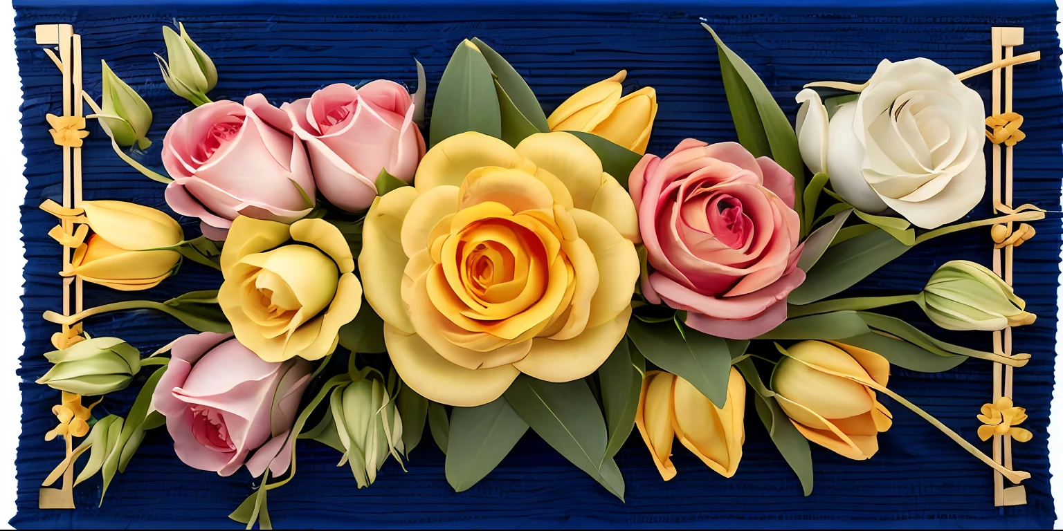 Illustrate a 16:9 composition showcasing a visually striking bar made up of roses and tulips, hydrangeas, and daffodils, Placed horizontally，Similar to the ornate straps on a towel