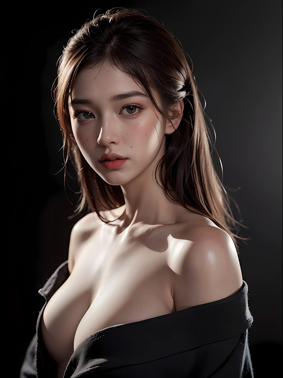 Best quality, masterpiece, ultra high res, (photorealistic:1.4), raw photo, 1girl, offshoulder, in the dark, deep shadow, low key, cold light