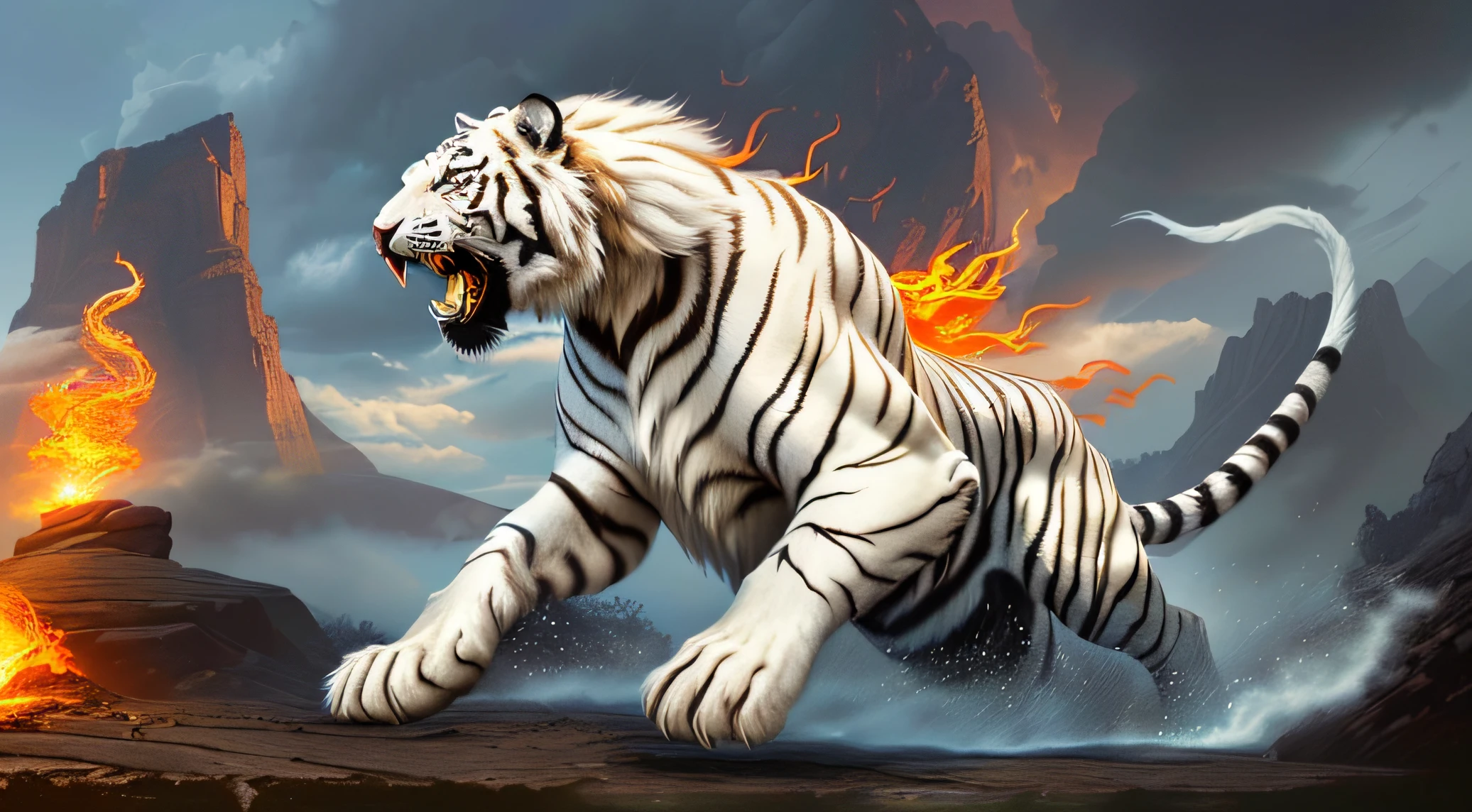 A white tiger with fire and flames in its mouth, Tiger_beast, fire lion, tiger of fire flying, epic fantasy digital art, guildwar artwork, author：Kan Lee, High quality fantasy art, fantasy epic digital art, Epic fantasy art style HD, Epic fantasy digital art style, legend of the cryptids, epic digital painting