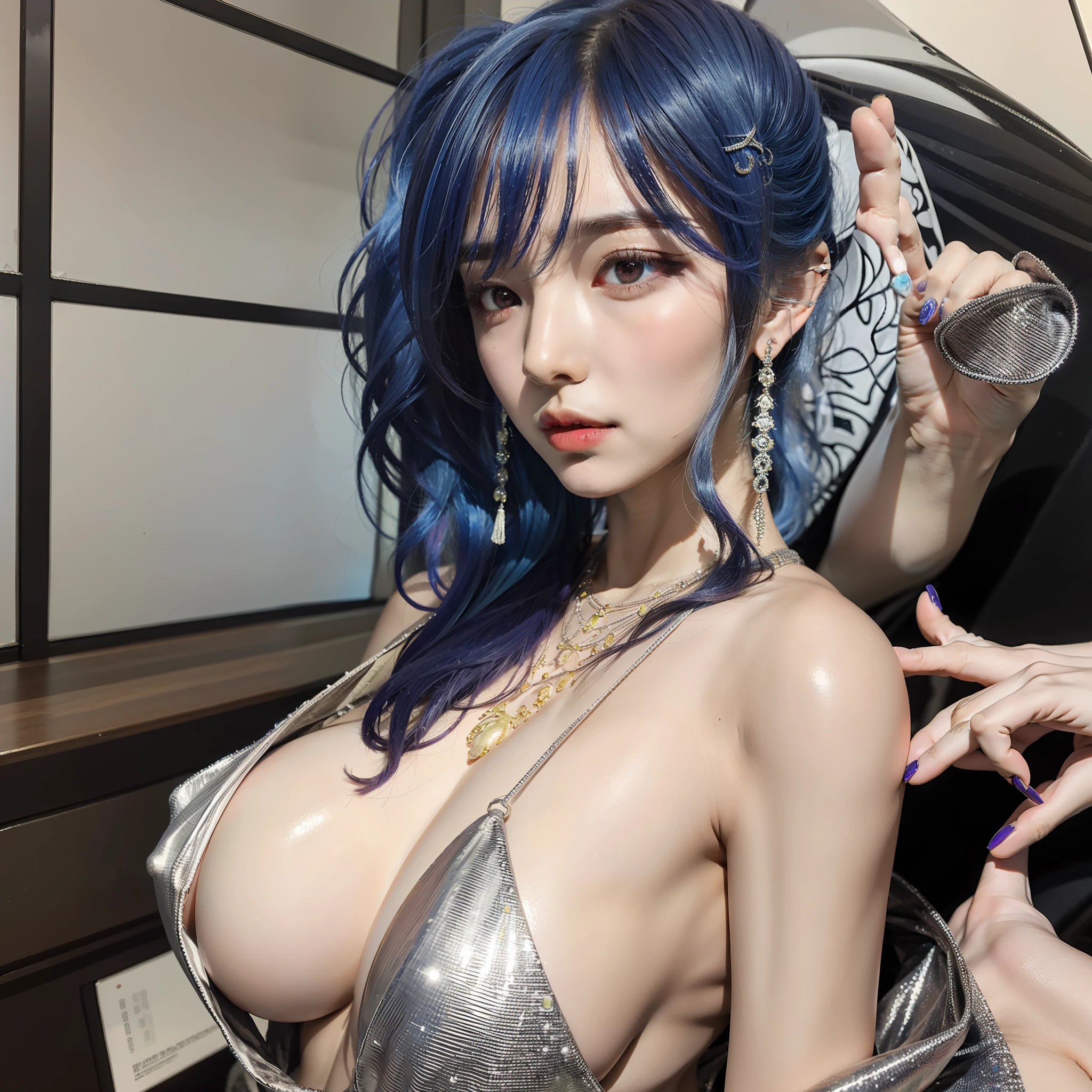 Masterpiece, MSKS style, Beautiful and moving, 1girll, Blue-haired, Purple eyes, Pointy ears, Bare shoulders, Maximum detail background,Japan goddess,huge tit,Take your phone,sports cars,Realistic1.4