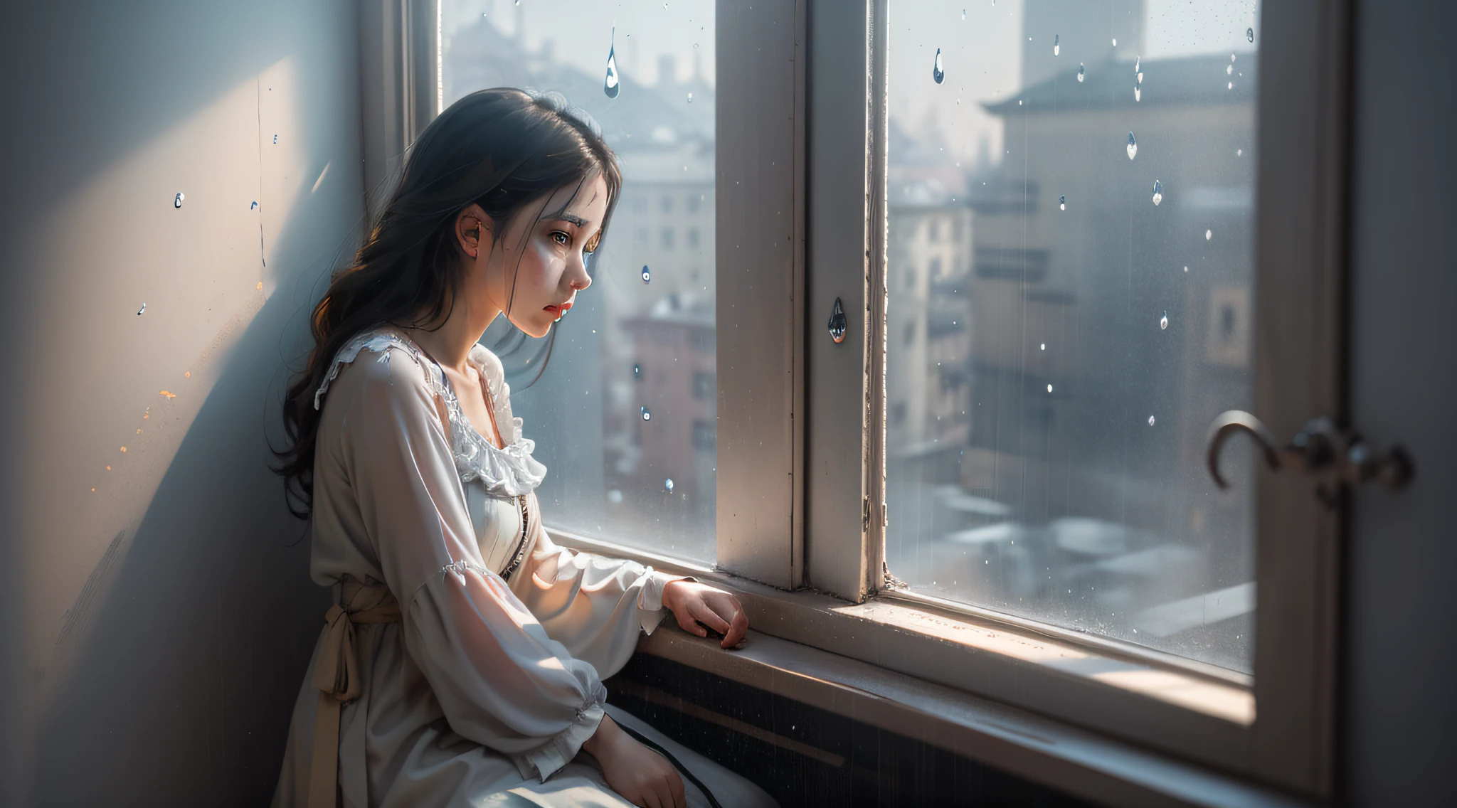 sitting beside the window，Look outside and think，It was raining so little outside the window，Beauty image，Scene details，Light and shadow details，Face details，European clothing，8k,tmasterpiece