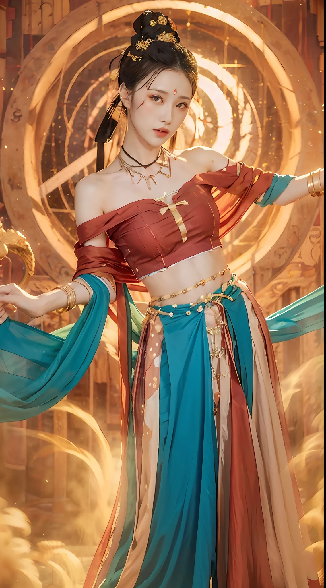 (8k, RAW photo, best quality, tmasterpiece:1.2), (realistic, photo-realistic:1.4), (Extremely detailed CG unity 8k wallpaper), (1 girl:1.5),Beauty of the Western Regions,(Red clothes:1.4),There are red spots on the forehead,Pale skin,Blushlush,largeeyes,big breasts, bare feet, full bodyesbian,upper legs,Open navel,Gold-tone waist chain,golden ornaments,Flying ribbons,Particle,The background is the ancient city of Loulan, Ancient city walls,A desert,dance, dunhuang_dress, dunhuang_style,