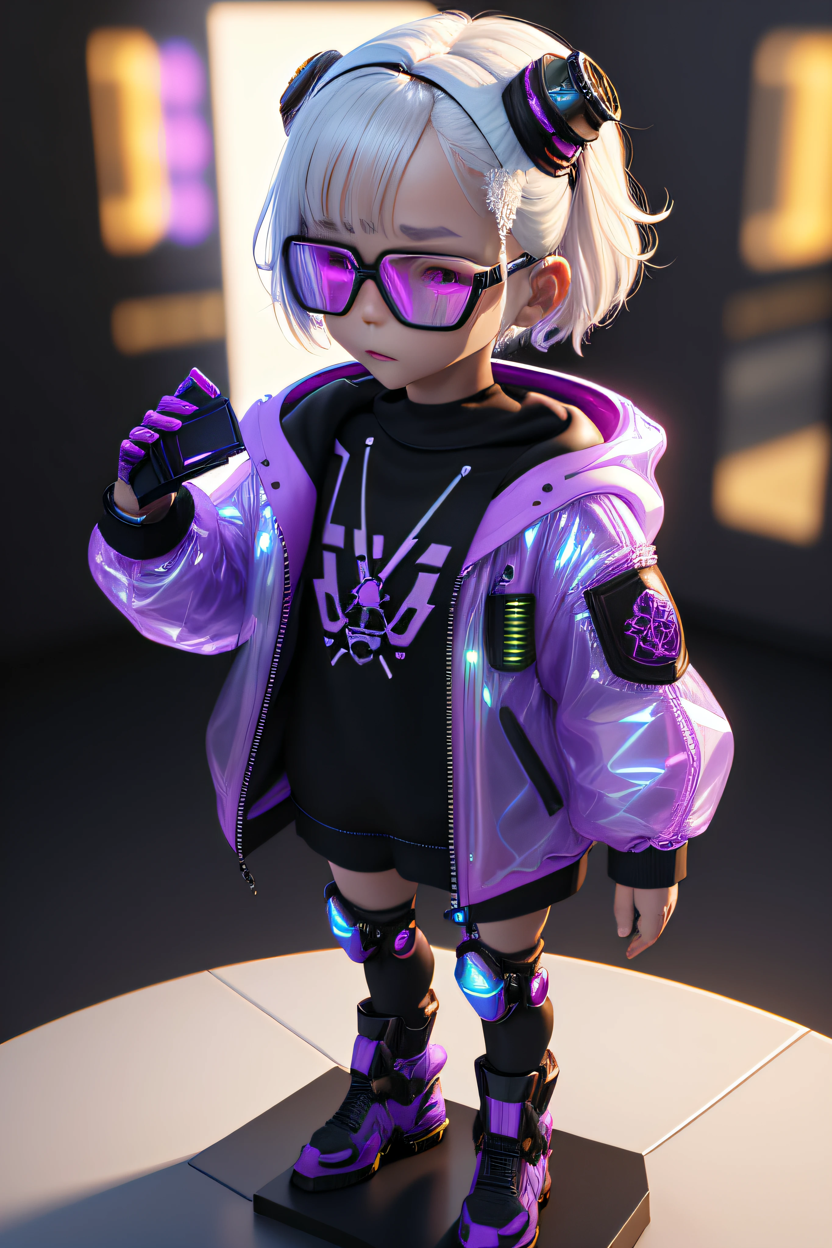 blind box,plastic toy,3D toys,IP model,A cute and stylish little girl, White hair, Wear tech goggles, Wear a holographic glowing translucent jacket, Holding a purple-glowing combat dagger in his hand, There are a lot of decorations on the clothes, Precision mechanical components, Glossy material, Cyberpunk, Futurism,Pixar,resin material,full body,full Shot,Simple background,display lighting ,volumetric lighting,3d,c4d,oc render,volume rendering,extremely detailed details,HDR,8K Resolution